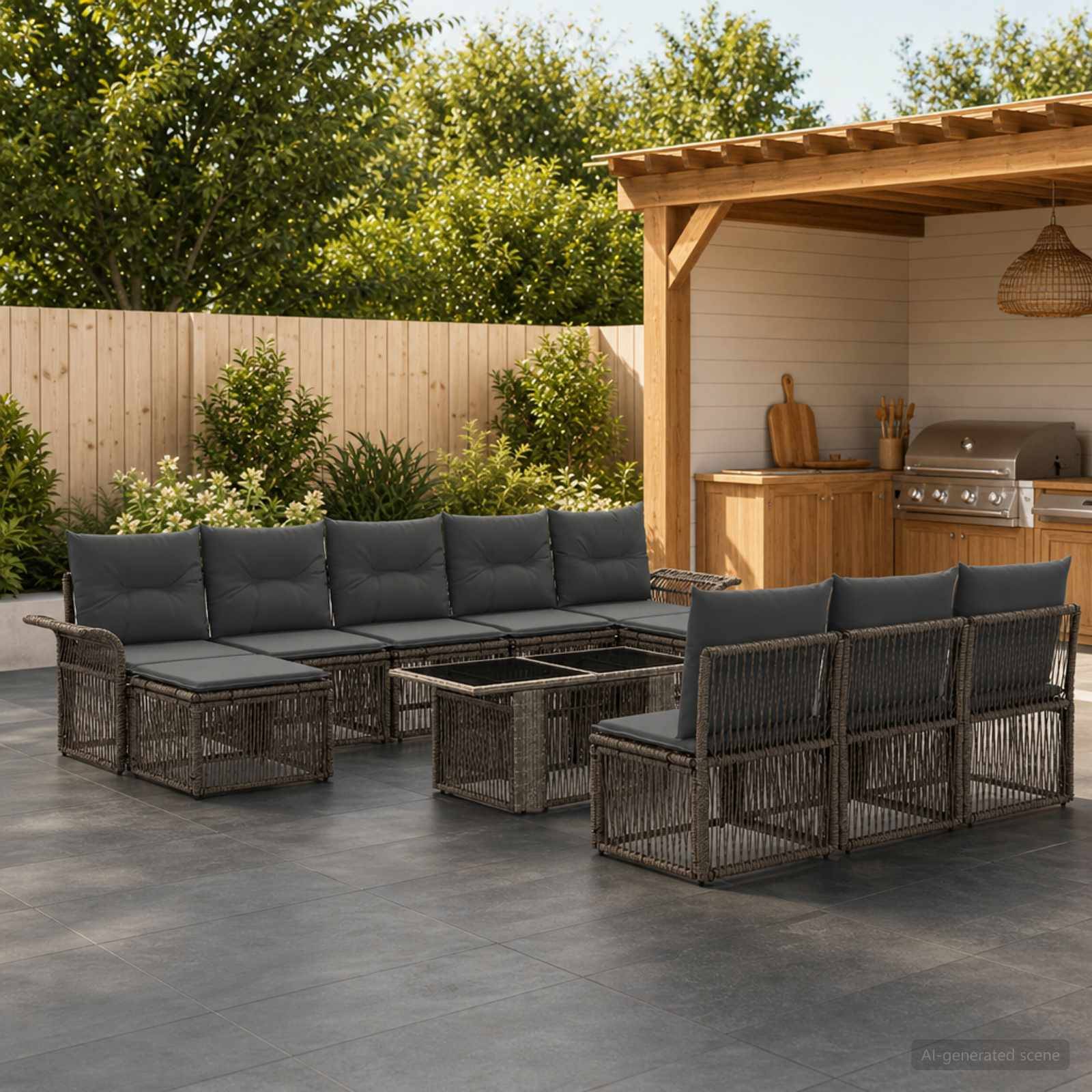 Outdoor-Sitzbereich auf der Terrasse mit Polyrattan-Sitzelementen, Tisch und Stühlen neben einer Holzpergola und Außenküche, mit begrüntem Zaun im Hintergrund.