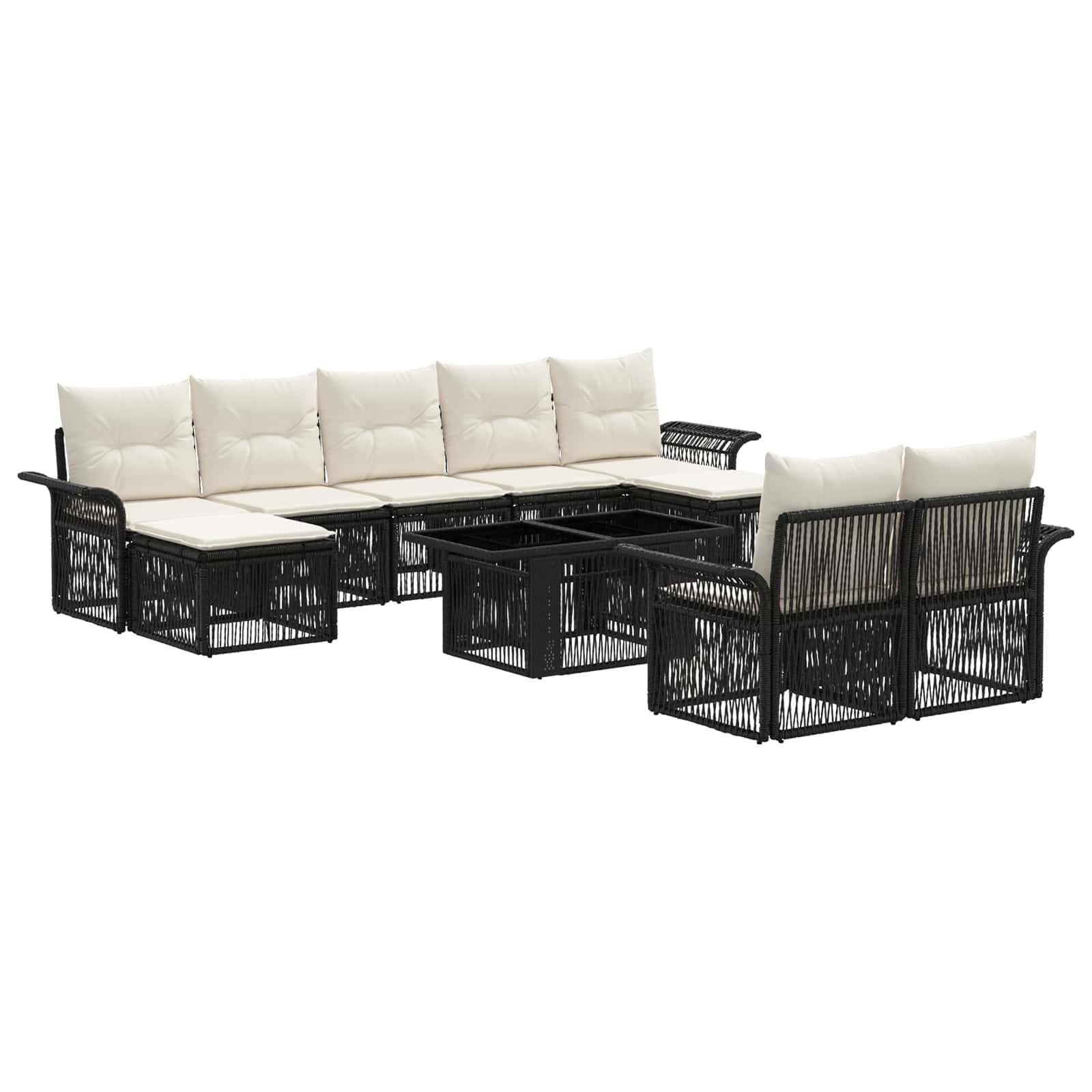 Schwarze Polyrattan-Außensektion-Loungeset mit cremefarbenen Kissen und passendem Couchtisch auf weißem Hintergrund.