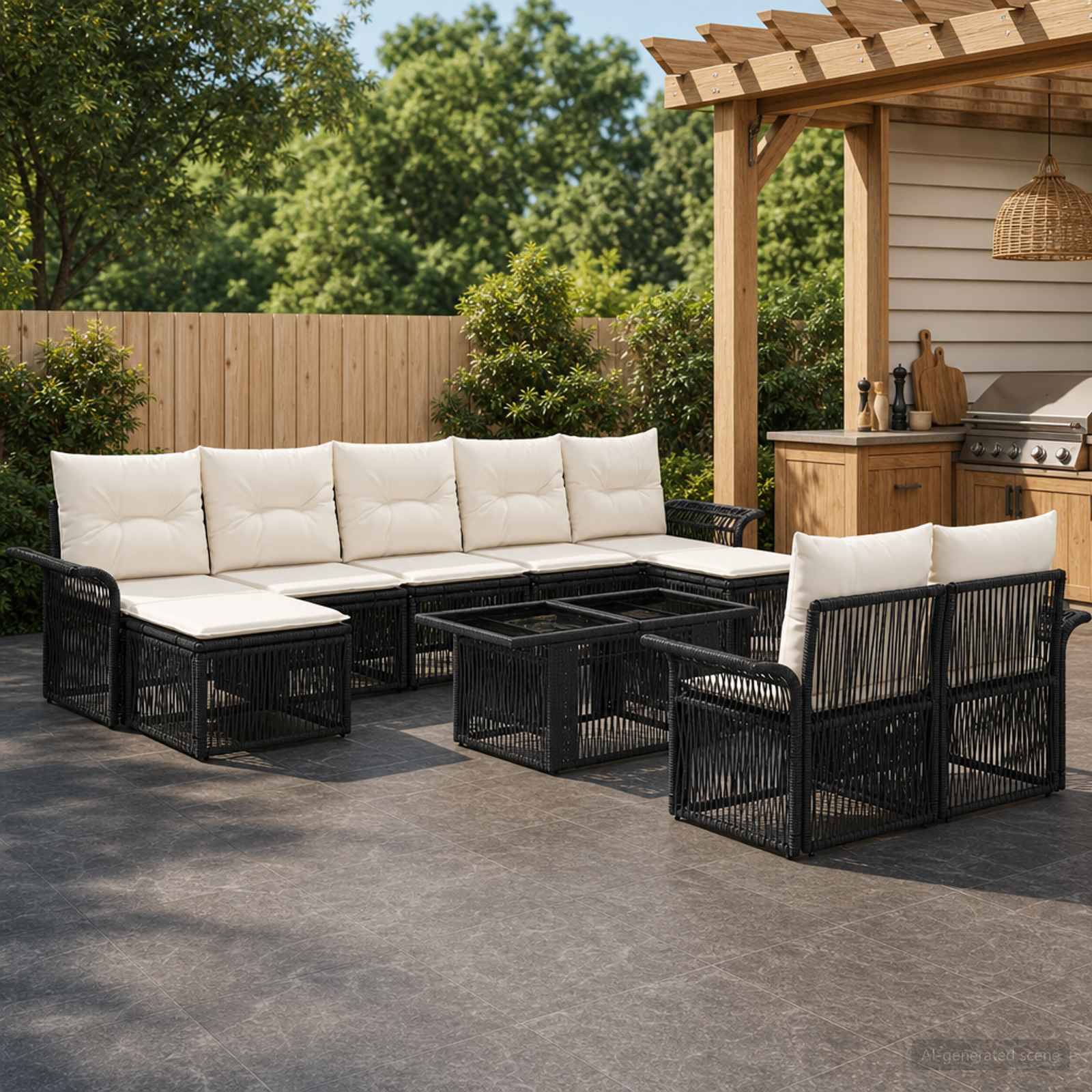 Outdoor-Terrassenmöbel-Set mit schwarzem Polyrattan-Ecksofa, passenden Stühlen und Couchtischen neben einer Holzpergola und Grillbereich.