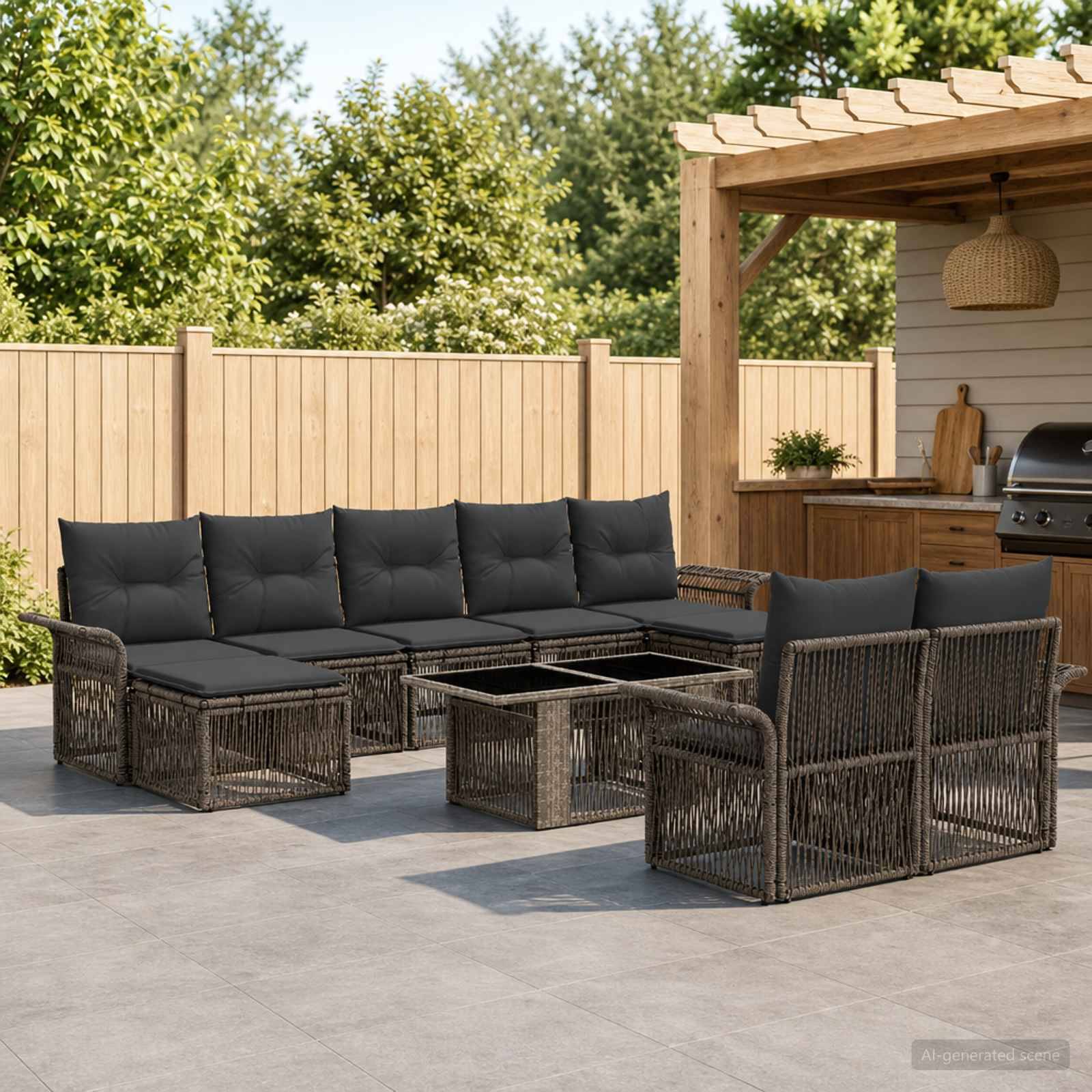Outdoor-Terrassenmöbel-Set mit dunklem Polyrattan-Ecksofa, zwei Stühlen und Glastisch neben einer Holzpergola und einem Grill.