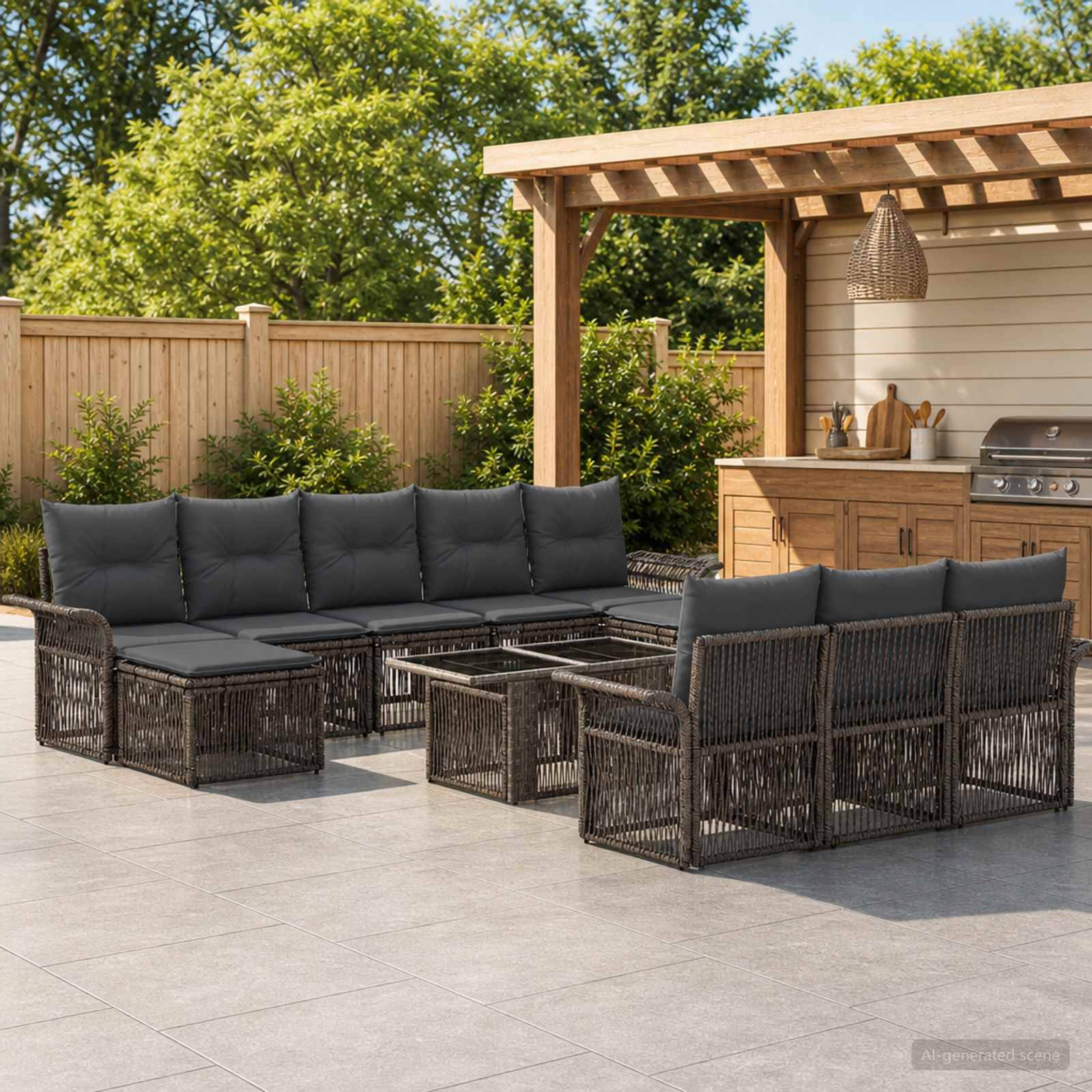 Terrassenbereich im Freien mit dunklem Korbgeflecht-Ecksofa um Glaskaffeetische neben einer hölzernen Pergola und Grillstation in einem eingezäunten Hinterhof.