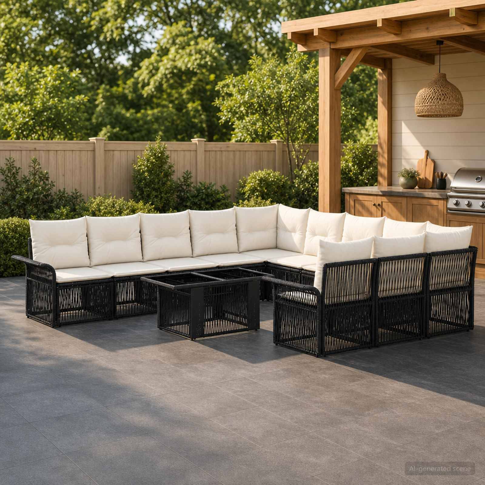 Outdoor-Sitzbereich mit schwarzem Rattan-Ecksofa und cremefarbenen Kissen um einen quadratischen Couchtisch neben einer überdachten Grillstation.