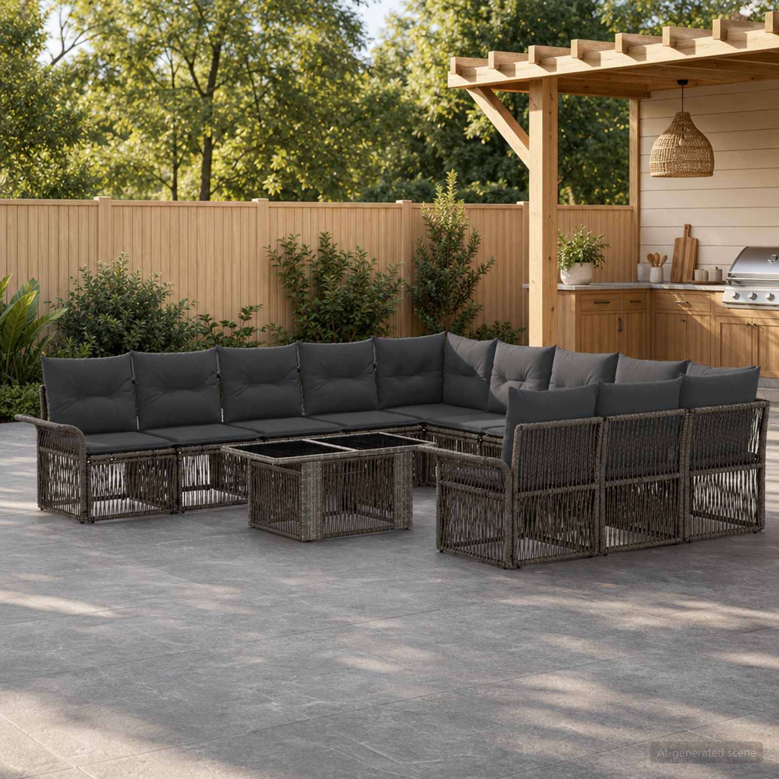 Outdoor-Sitzbereich mit L-förmigem Polyrattan-Ecksofa, Couchtischen und pergolabespannter Außenküche neben einem Holzzaun und Grünflächen.