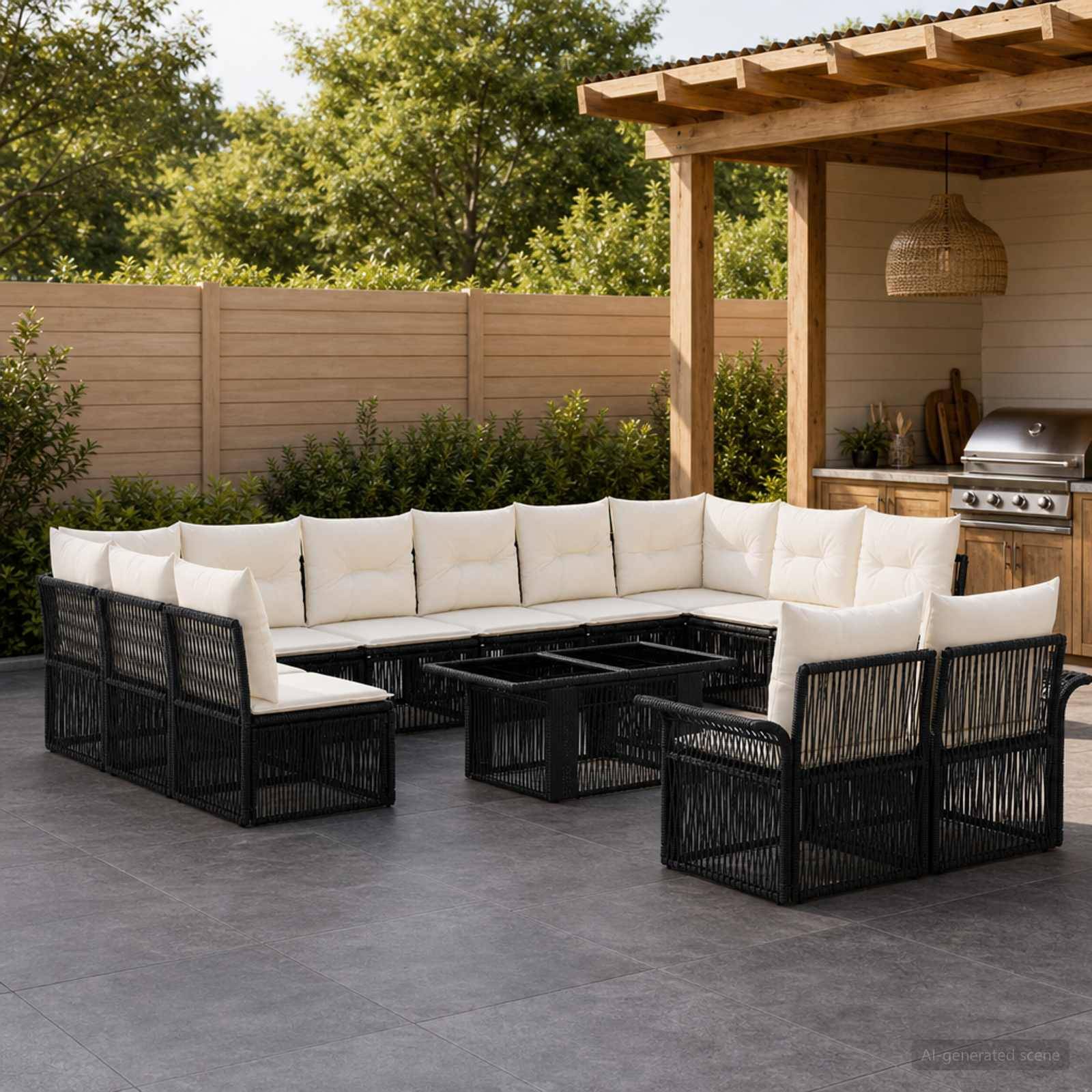 Überdachte Terrasse mit schwarzem U-förmigen Rattansektional und cremefarbenen Kissen um niedrige Tische neben einem überdachten Grillbereich und Holzzaun.