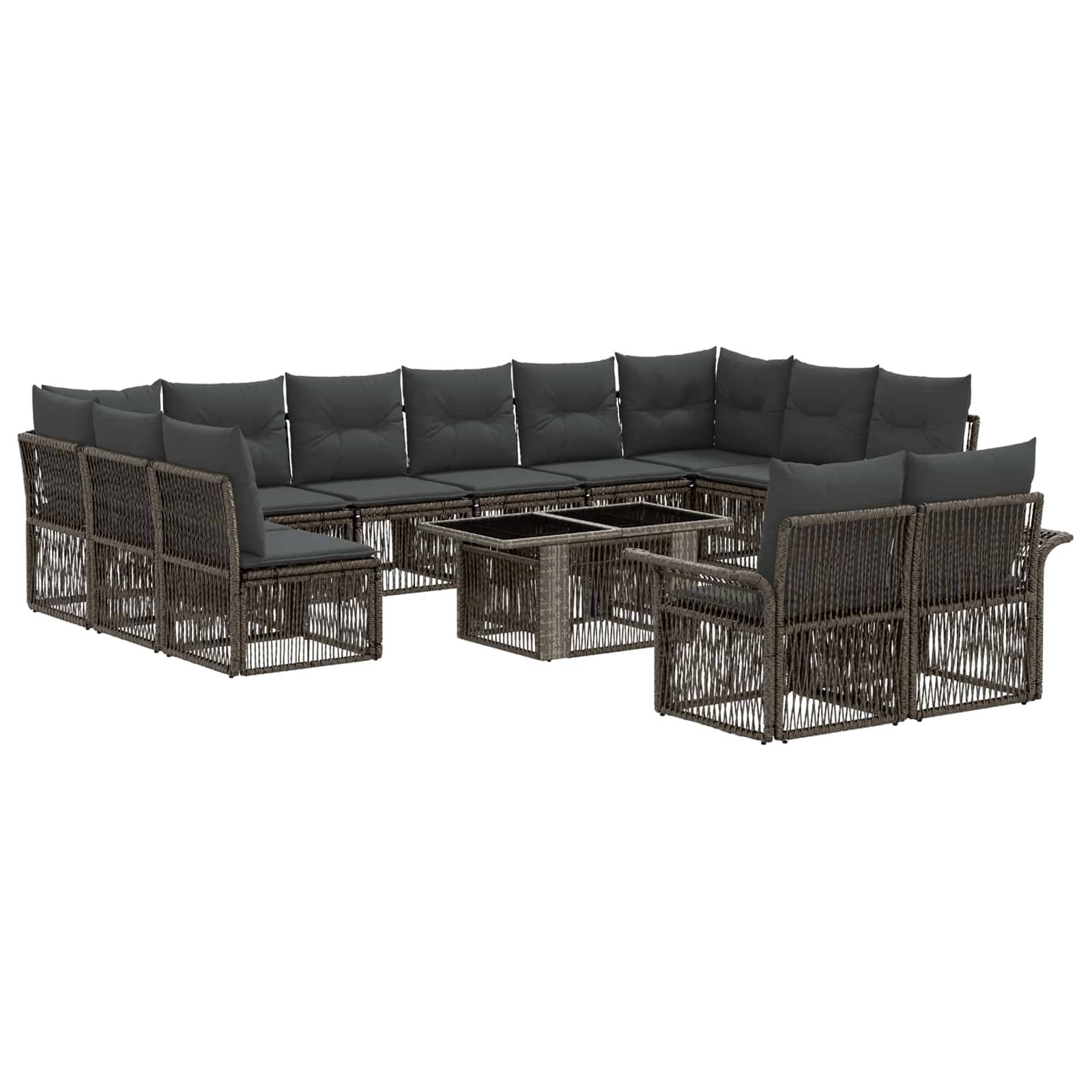 Modulares Outdoor-Loungeset aus braunem Rattan mit dunkelgrauen Kissen und einem quadratischen Couchtisch auf weißem Hintergrund.