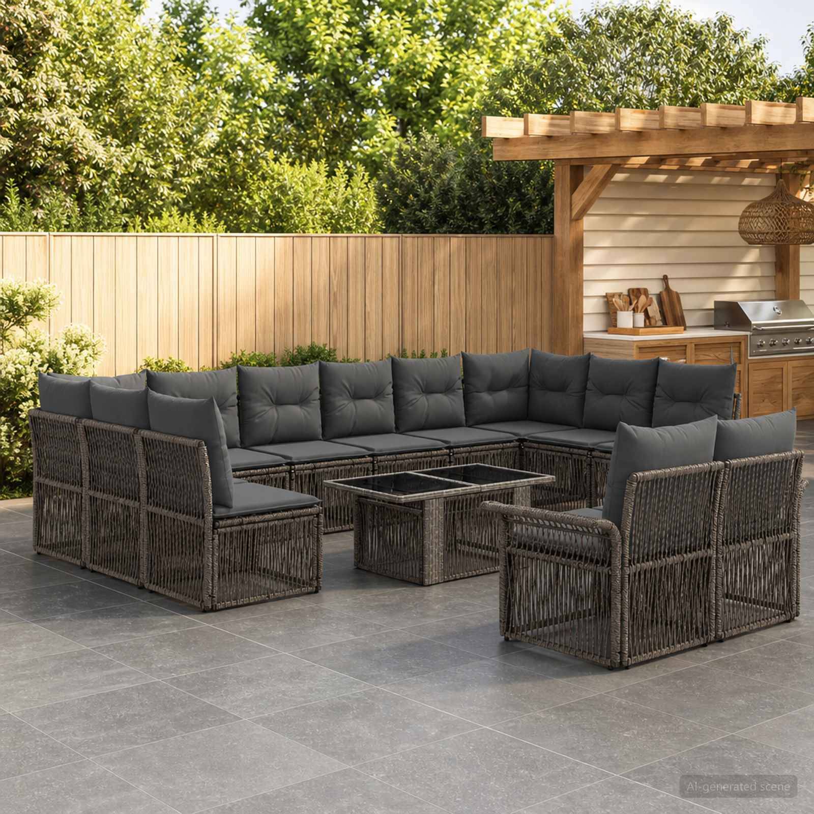 Outdoor-Terrasse mit einem dunklen Rattan-Ecksofa, zwei passenden Stühlen und einem Couchtisch mit Glastischplatte unter einer Pergola neben einem Grillbereich im Garten.