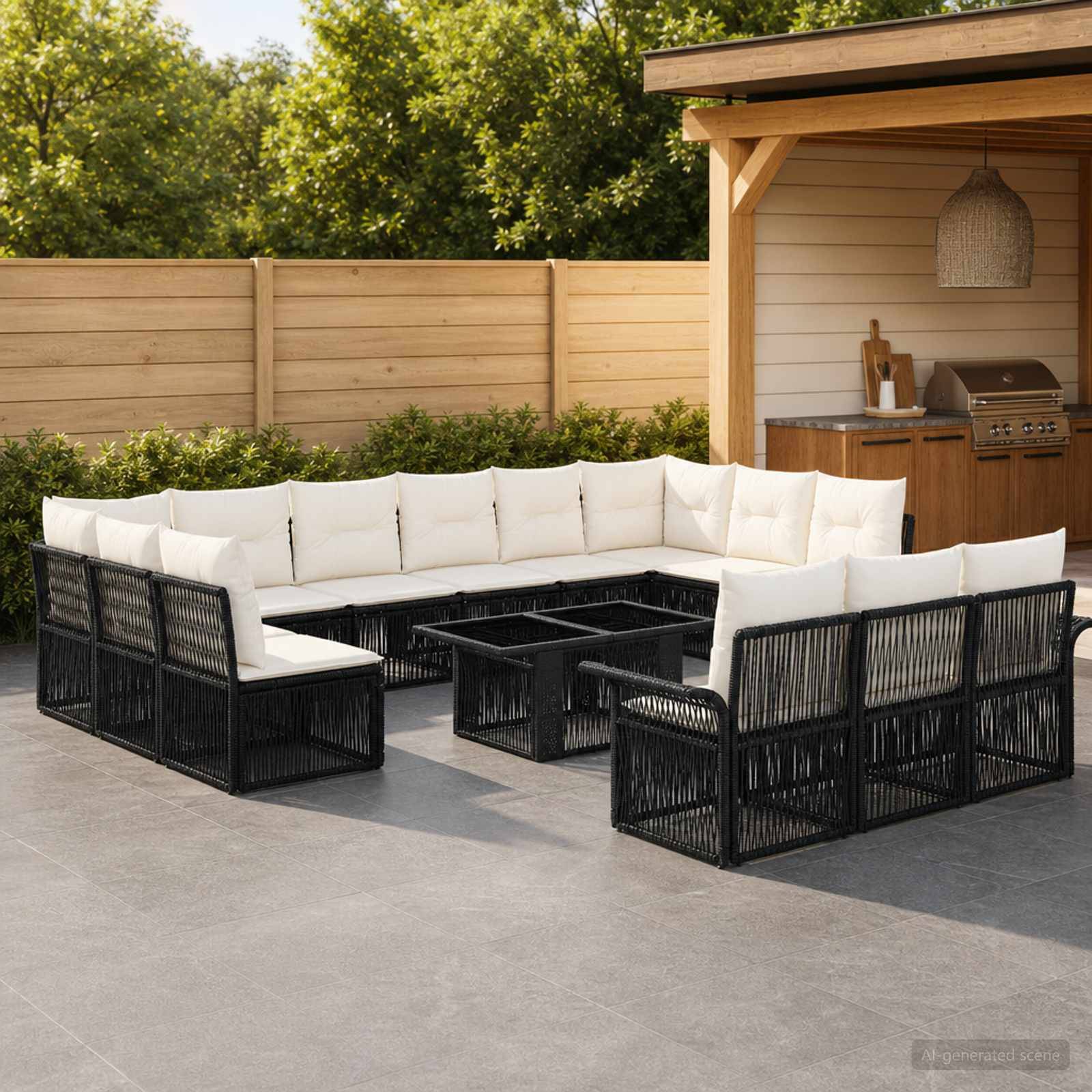 Gartenmöbel-Set für die Terrasse mit schwarzen geflochtenen Ecksofa-Elementen und weißen Kissen, die um einen quadratischen Couchtisch angeordnet sind, neben einer Gartenlaube und einem Grill im Hinterhof.