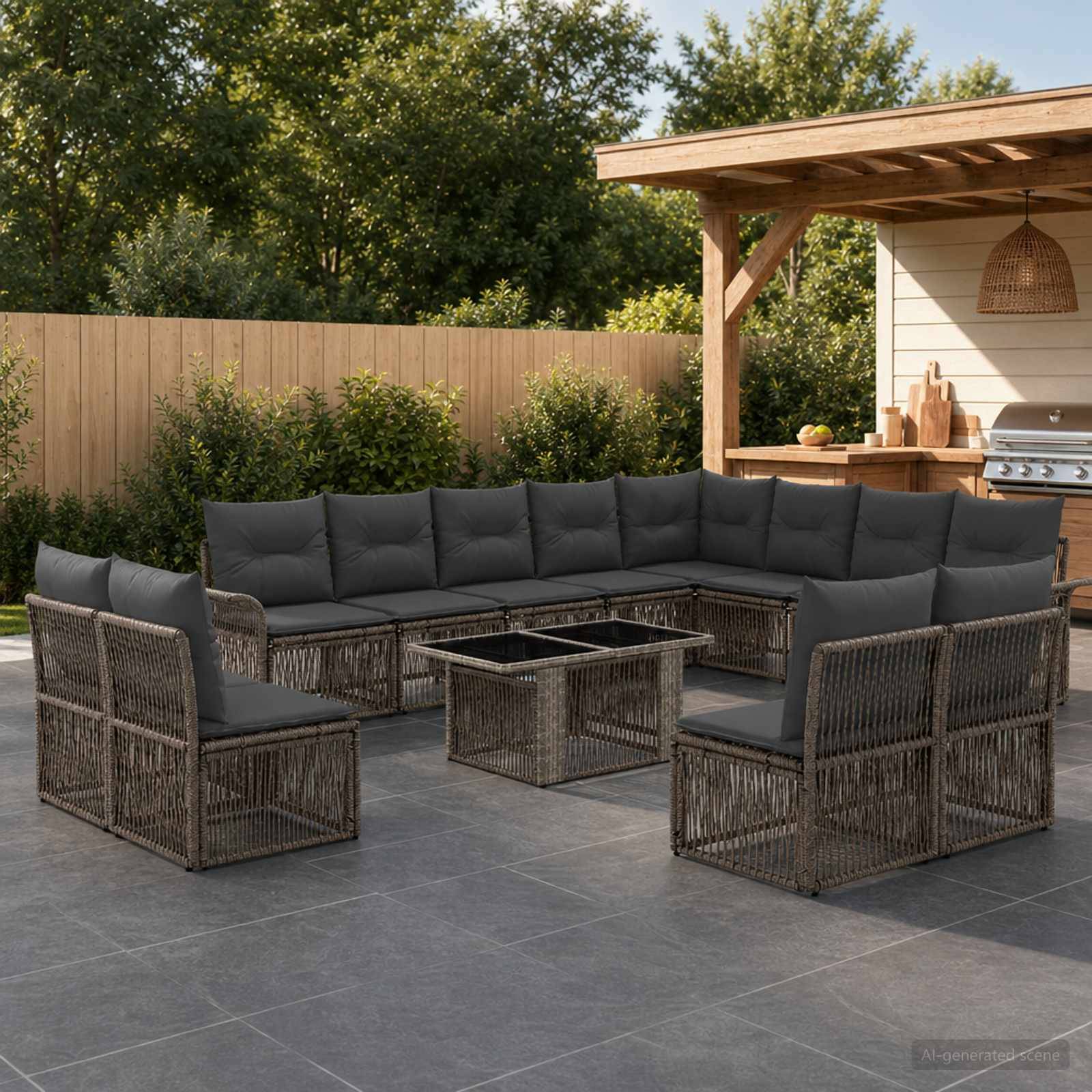 Outdoor-Terrasse mit einem dunklen Korbgeflecht-Ecksofa und einem Glastisch neben einem überdachten Grillbereich im Hinterhof.