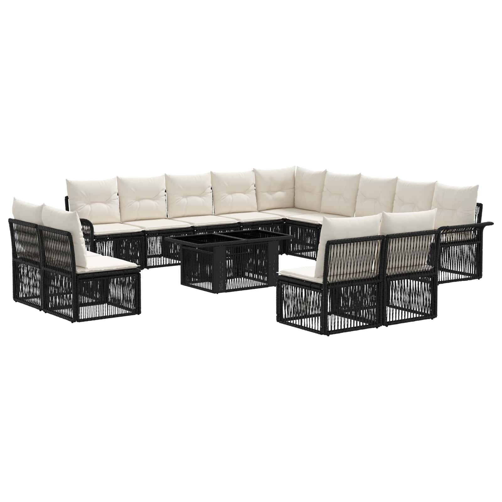 Outdoor-Loungesofa-Set mit schwarzen geflochtenen Rahmen, beigefarbenen Kissen und passendem quadratischen Couchtisch.