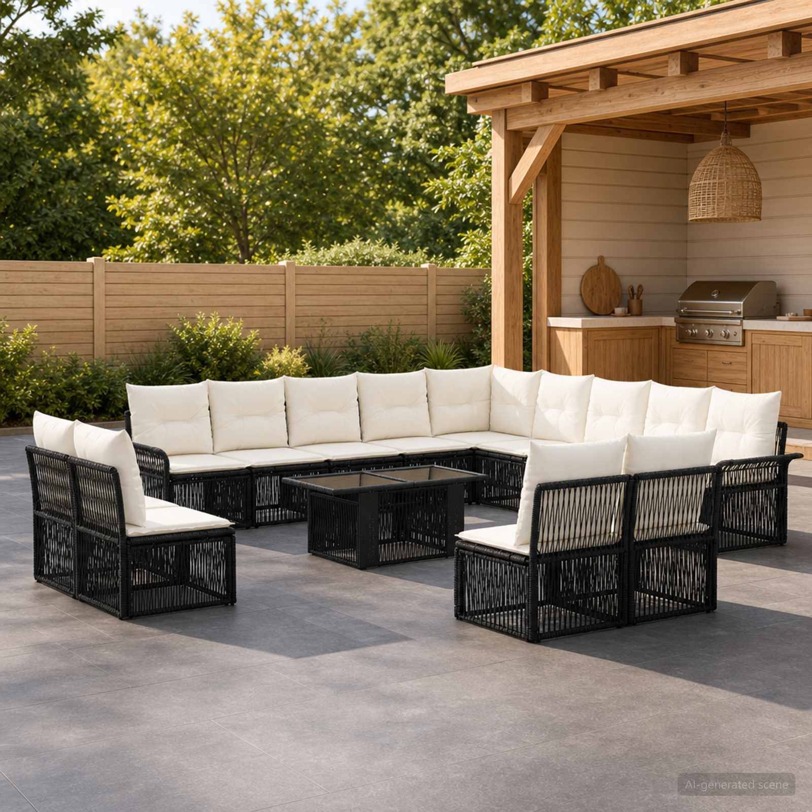 Überdachte Terrasse mit schwarzem Polyrattan-Ecksofa und weißen Kissen, angeordnet um einen niedrigen Couchtisch neben einem Gartenpavillon mit Grill.