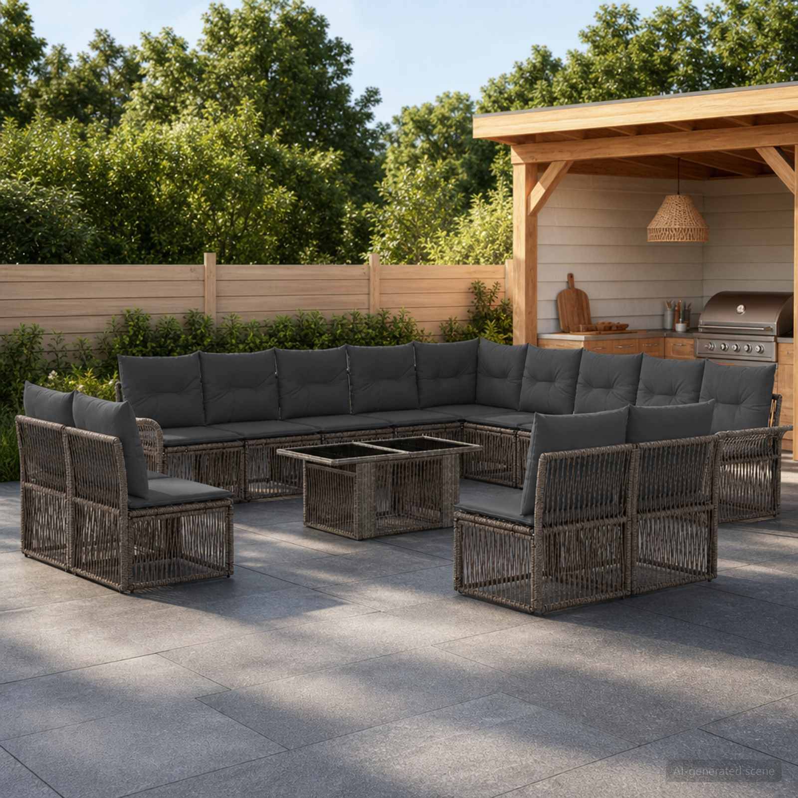 Außenpatio mit einem großen Korbsofa und Stühlen um einen quadratischen Couchtisch neben einer überdachten Grillstation und einem Sichtschutzzaun.