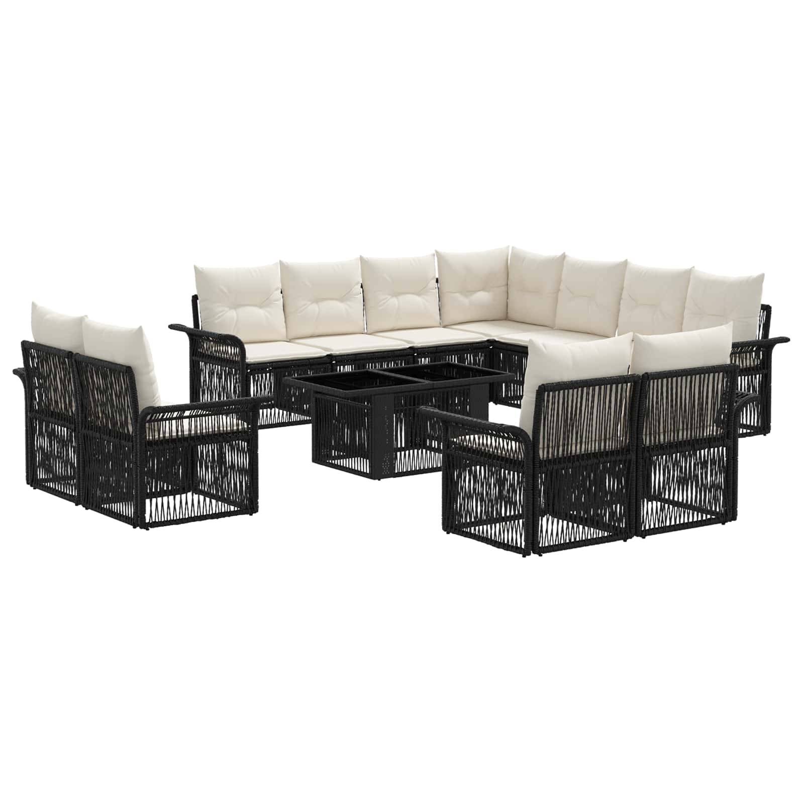 Schwarzes Polyrattan-Loungeset für die Terrasse mit cremefarbenen Kissen und passendem Glastisch-Couchtisch auf weißem Hintergrund.