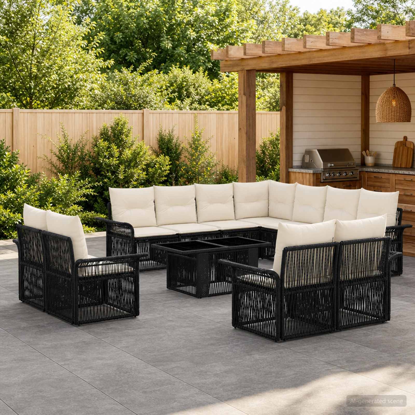 Sitzgarnitur für die Terrasse im Freien mit schwarzen Rattanstühlen und cremefarbenen Kissen, die um einen quadratischen Couchtisch auf einer gekachelten Terrasse neben einer Pergola und einem Grill angeordnet sind.