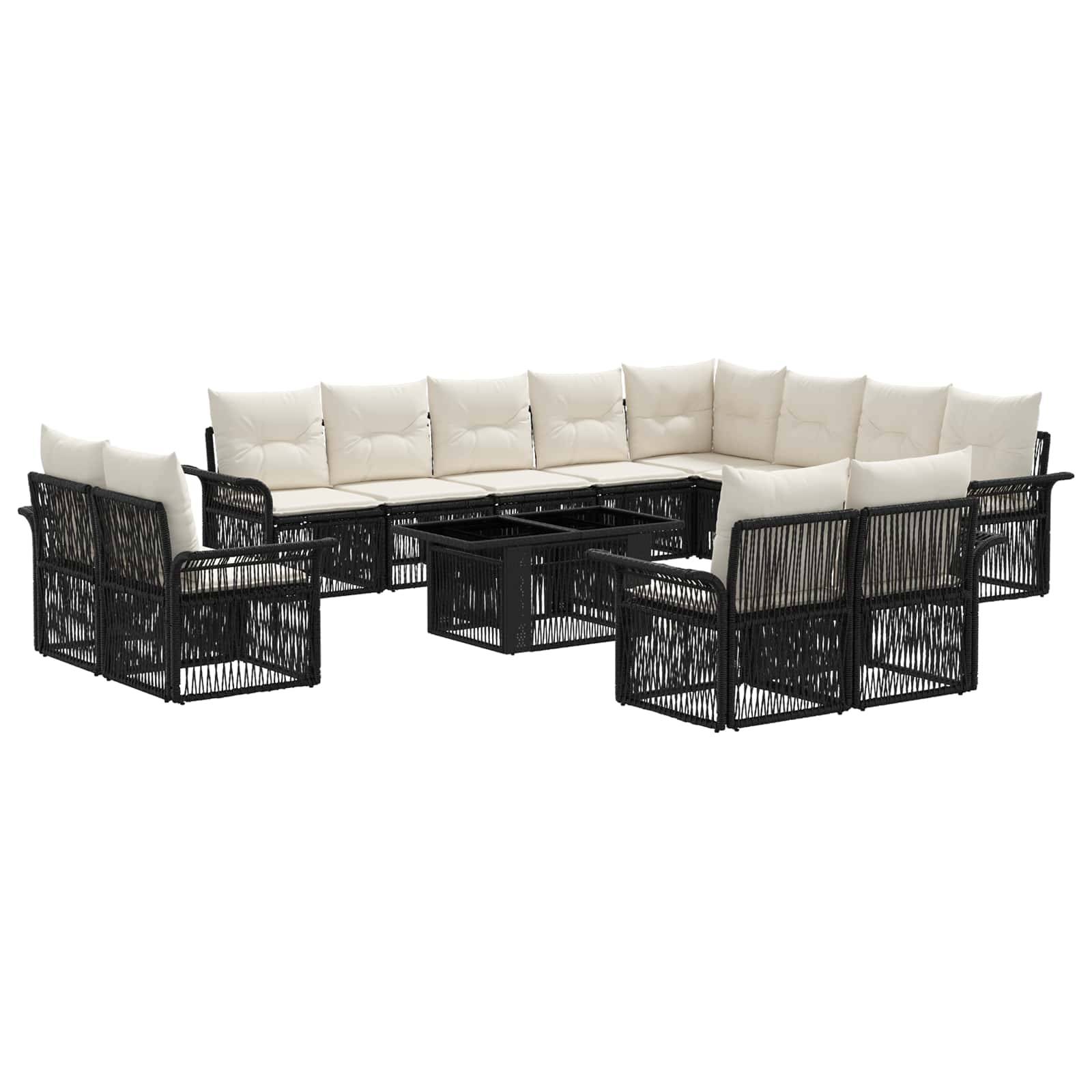 Schwarzes Rattan-Außensofa-Set mit beigen Kissen und passendem Couchtisch auf weißem Hintergrund.