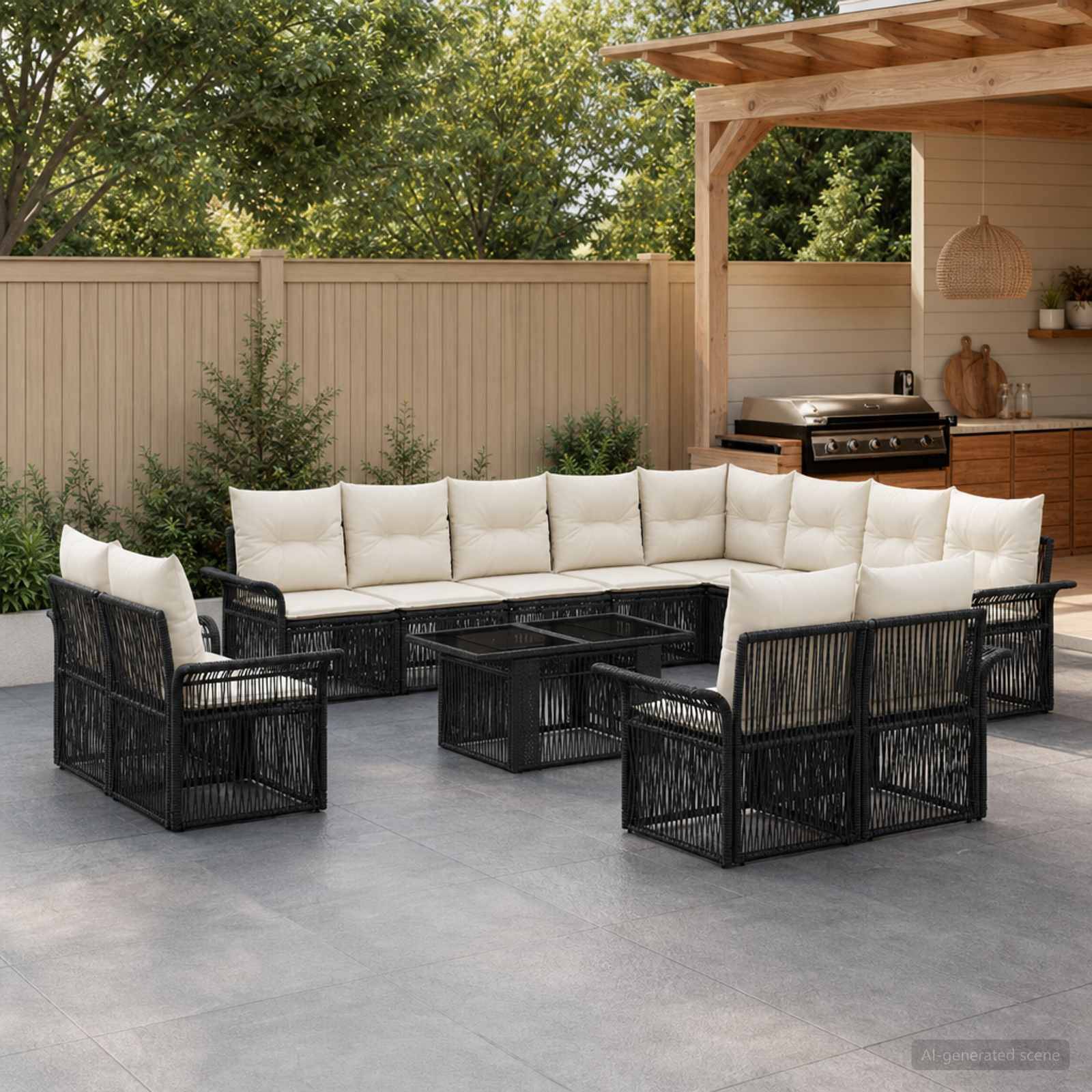 Gartenmöbelset für die Terrasse mit schwarzem Rattan-Ecksofa und Sesseln um einen zentralen Couchtisch, unter einer Pergola neben einem Außengrill.