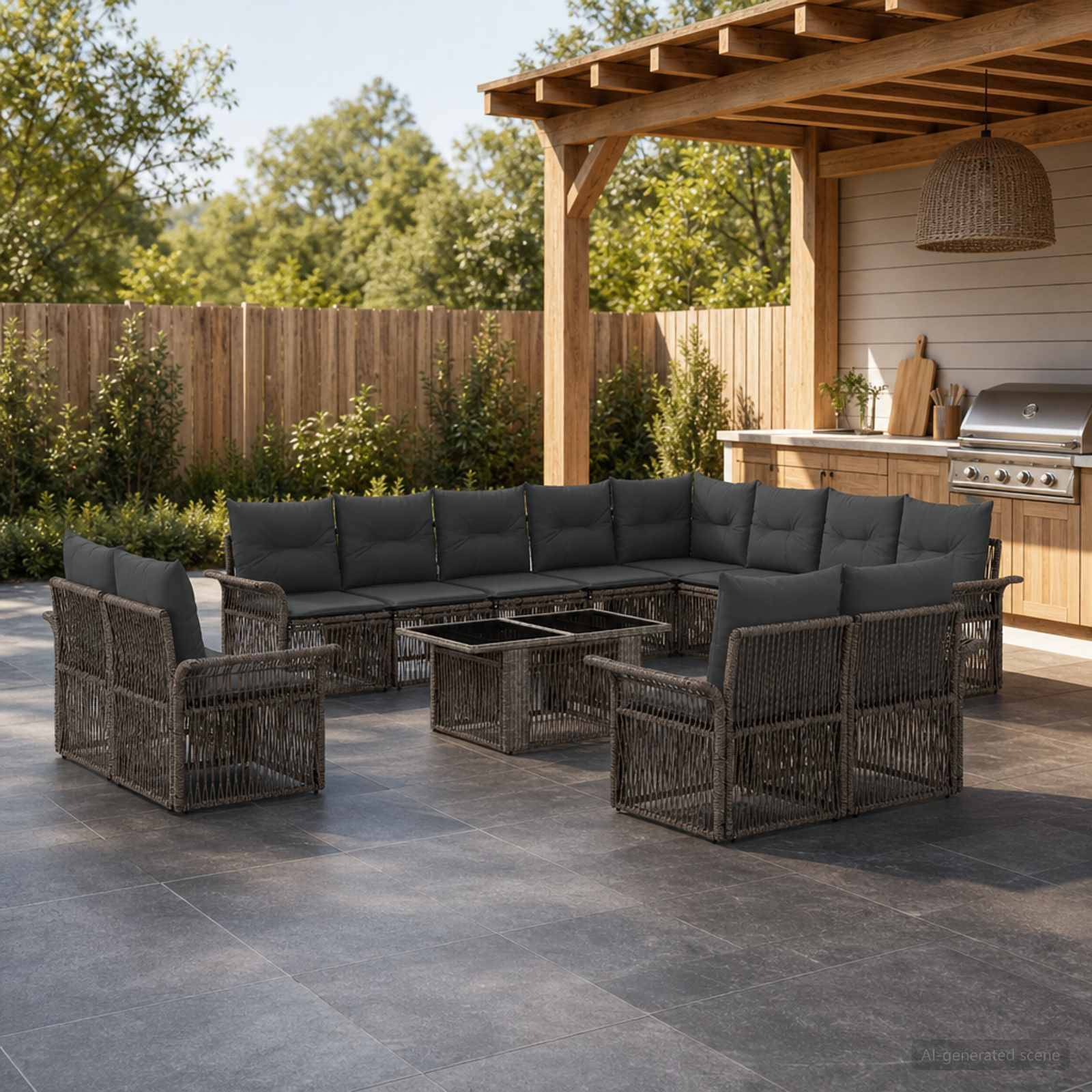 Außenpatio mit großem dunklem Polyrattan-Ecksofa und zwei Stühlen um einen Glascouchtisch unter einer Holzpergola neben einer Außenküche.