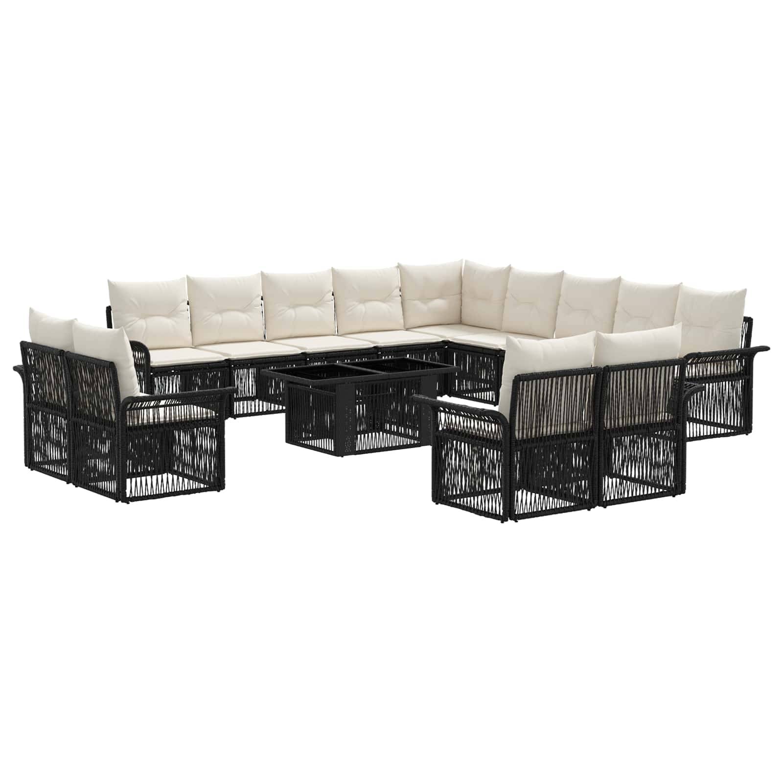 Schwarzes Flechtwerk-Außensofa-Set mit cremefarbenen Kissen und passendem quadratischem Couchtisch, angeordnet in einer L-förmigen Terrassenlayout.