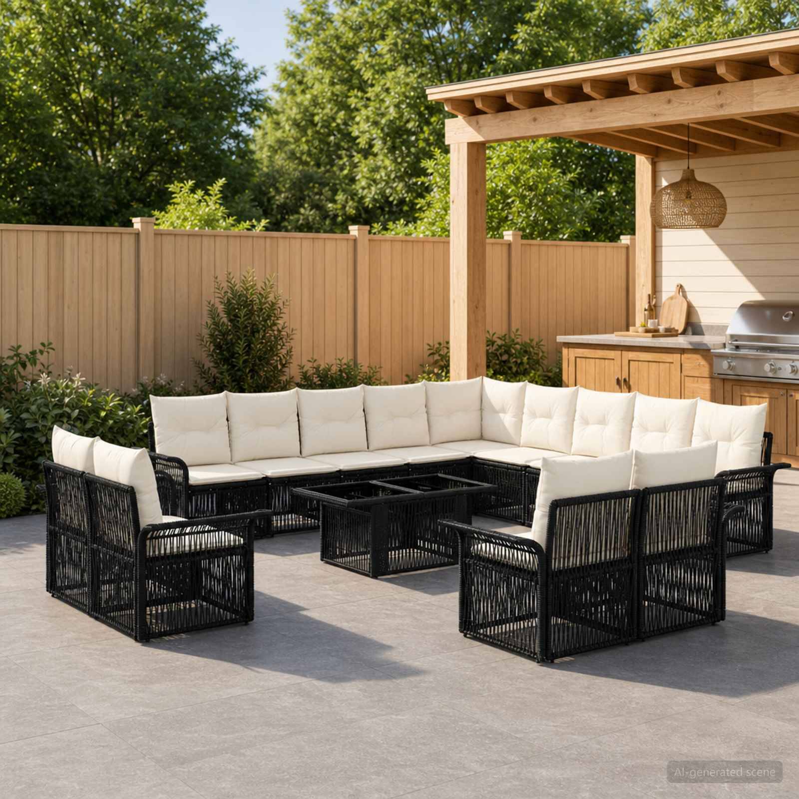 Outdoor-Terrassensitzbereich mit schwarzem geflochtenem Sektionalsofa und Stühlen mit weißen Kissen um niedrige Tische, neben einer hölzernen Pergola und einem Grill.