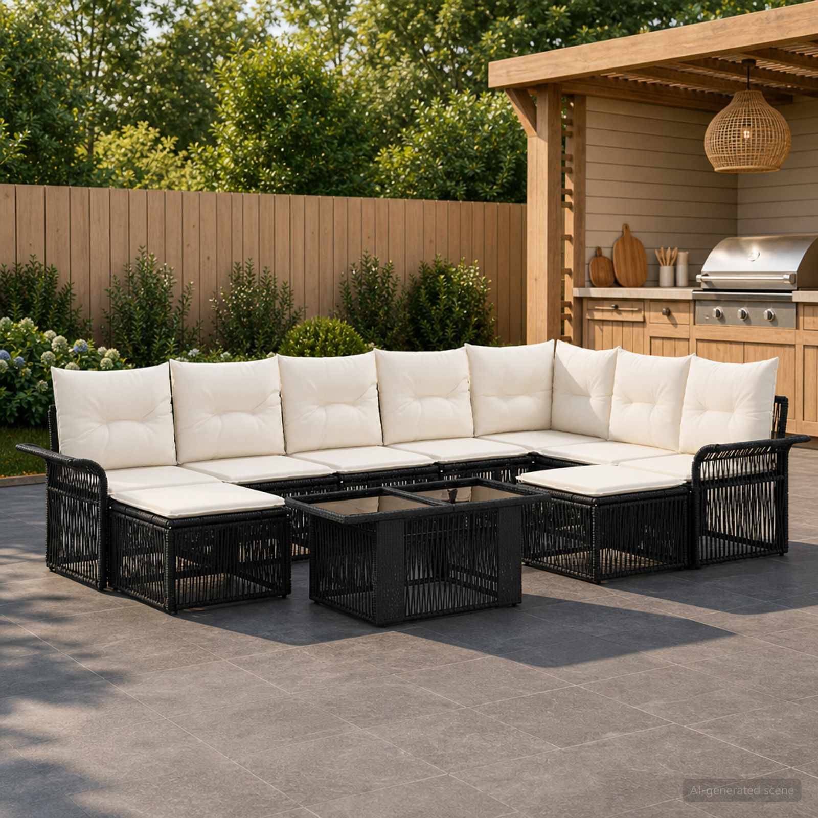 Outdoor-Sitzmöbel-Set aus schwarzem Rattan mit cremefarbenen Kissen, angeordnet um einen zentralen Couchtisch neben einem Grillbereich im Hinterhof.