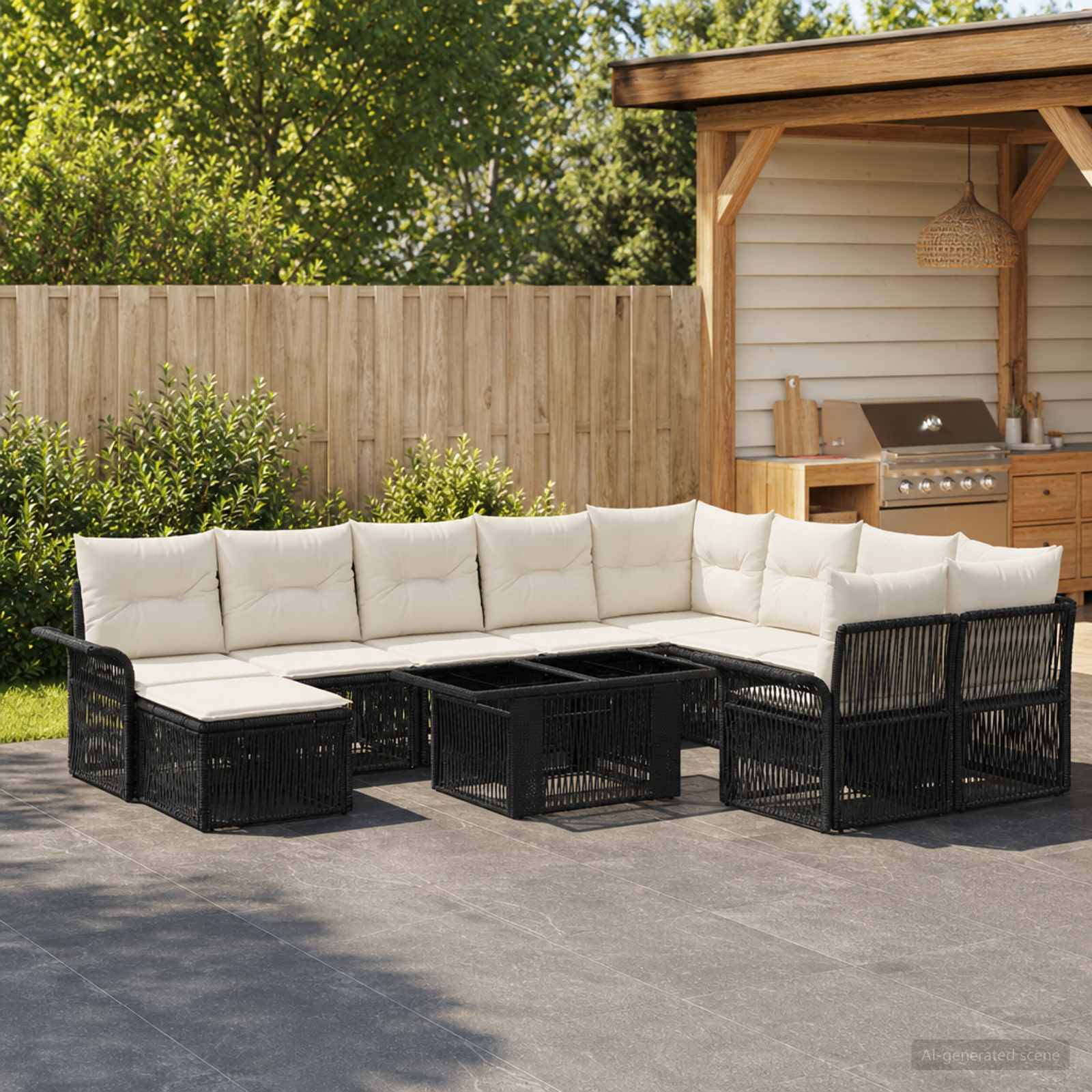 Outdoor-Terrasse mit einem schwarzen Rattan-Ecksofa und cremefarbenen Kissen, die um verschachtelte Couchtische angeordnet sind, in einem Hinterhof neben einem Holzzaun und einem pergolagedeckten Grillbereich.