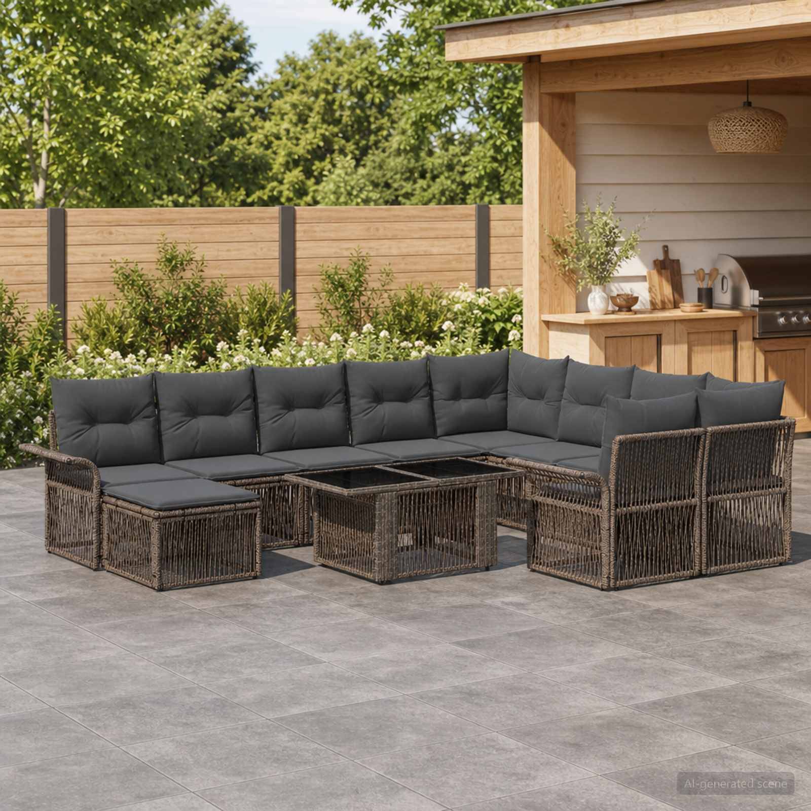Gartenterrassen-Ecksofa mit dunklen Kissen und geflochtenen Rattanrahmen, angeordnet um einen zentralen Couchtisch neben einer Außenküche im Hinterhof.