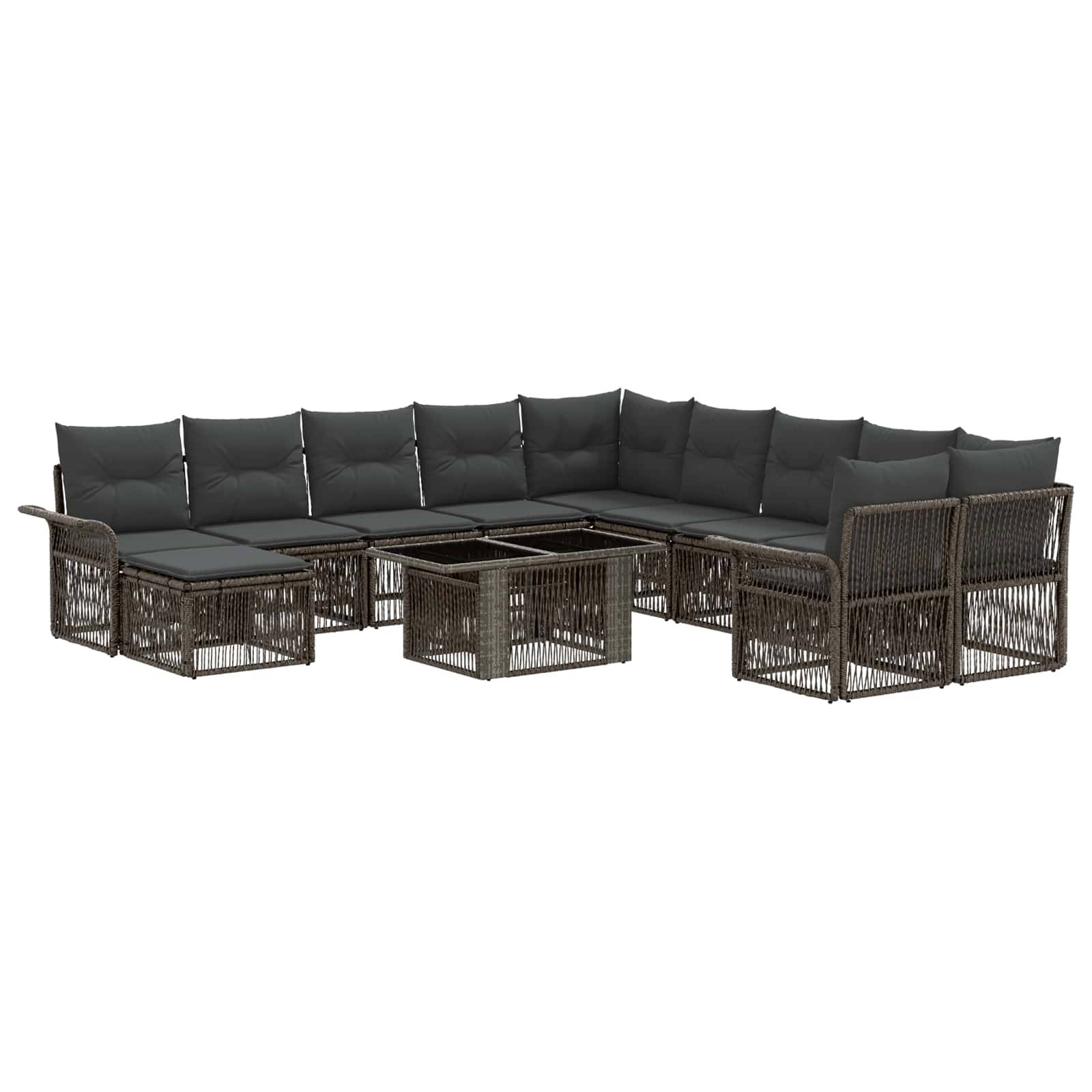 L-förmiges Outdoor-Loungeset mit dunklen Kissen und geflochtenem Rattanstil-Rahmen, bestehend aus aufeinander abgestimmten Eck- und Sitzelementen mit zentralem Tisch.