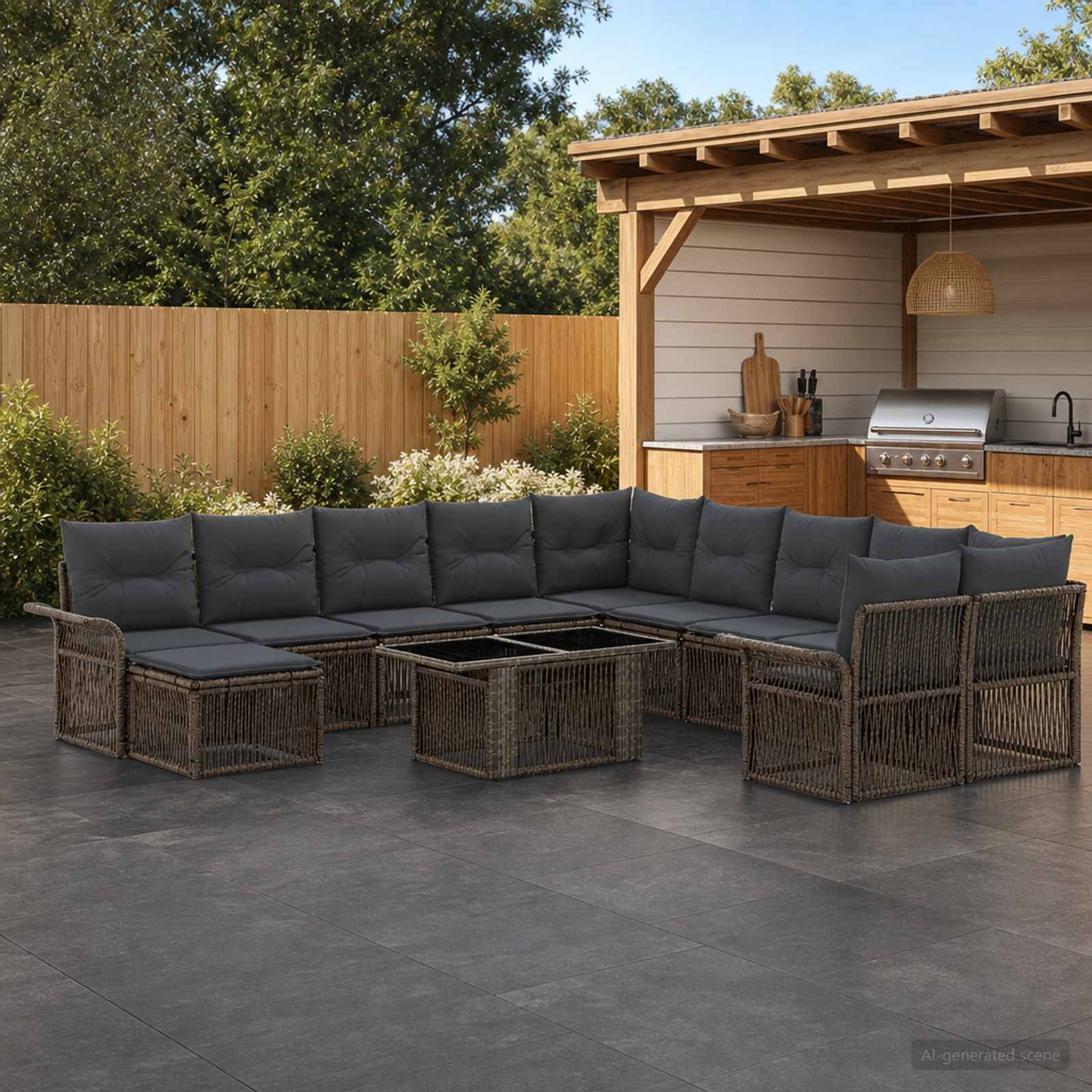 Outdoor-Terrasse mit dunklem Rattan-Ecksofa um quadratische Couchtische, neben einem überdachten Grill- und Barbereich in einem eingezäunten Hinterhof.