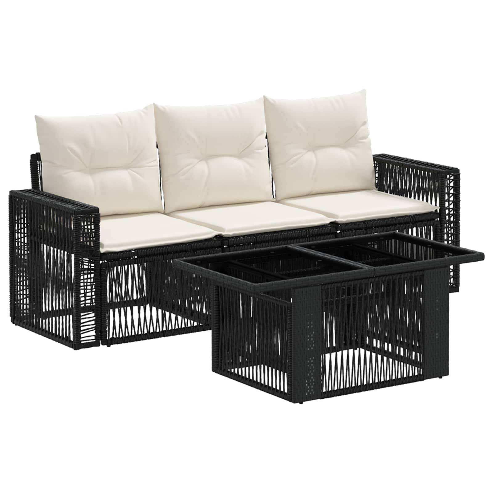 Schwarzes Korbgeflecht-Außensofa mit cremefarbenen Kissen und passendem Glastisch.
