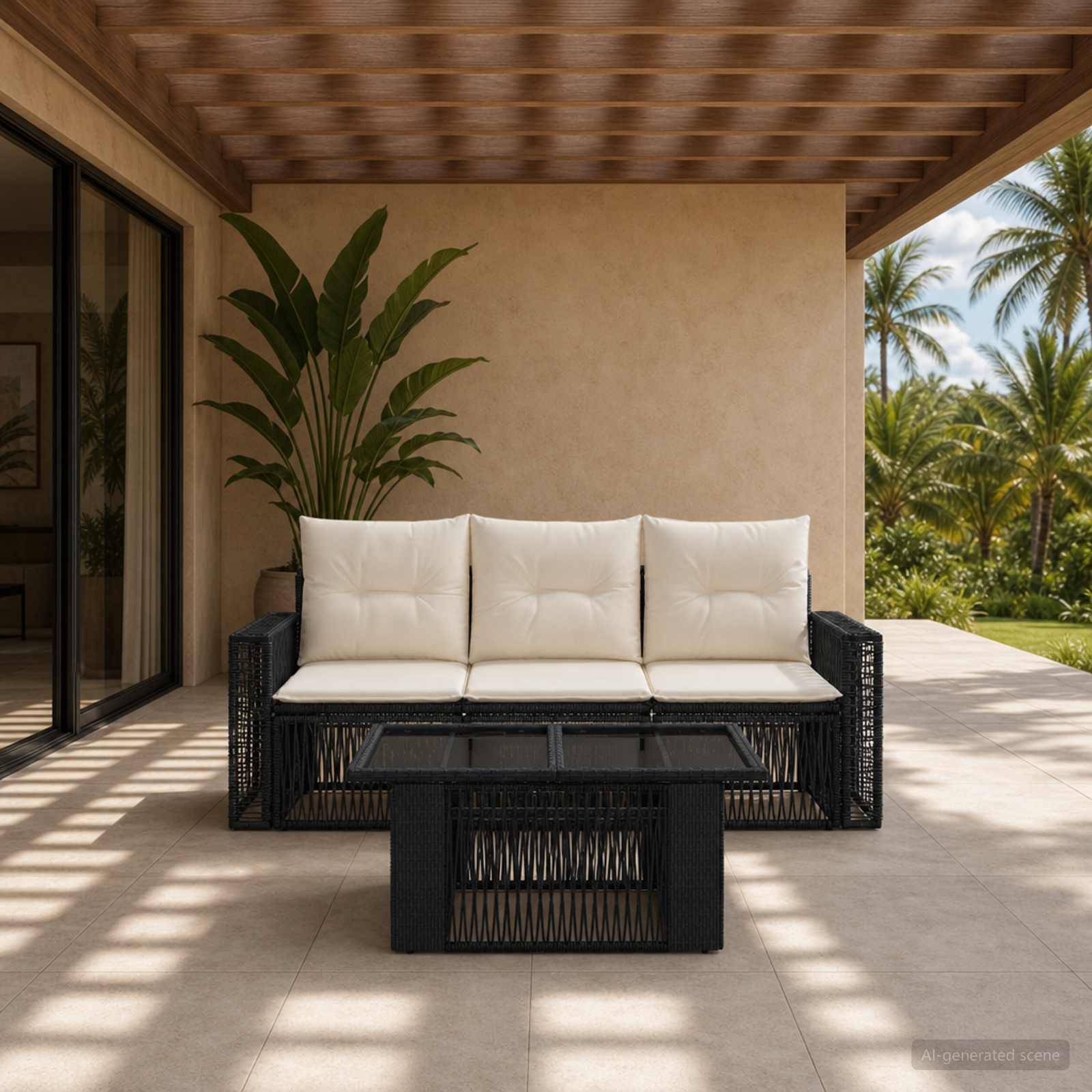 Outdoor-Terrasse mit einem schwarzen Rattansofa, weißen Kissen und passendem Couchtisch unter einer Holzpergola, mit tropischen Pflanzen und Palmen in der Nähe.