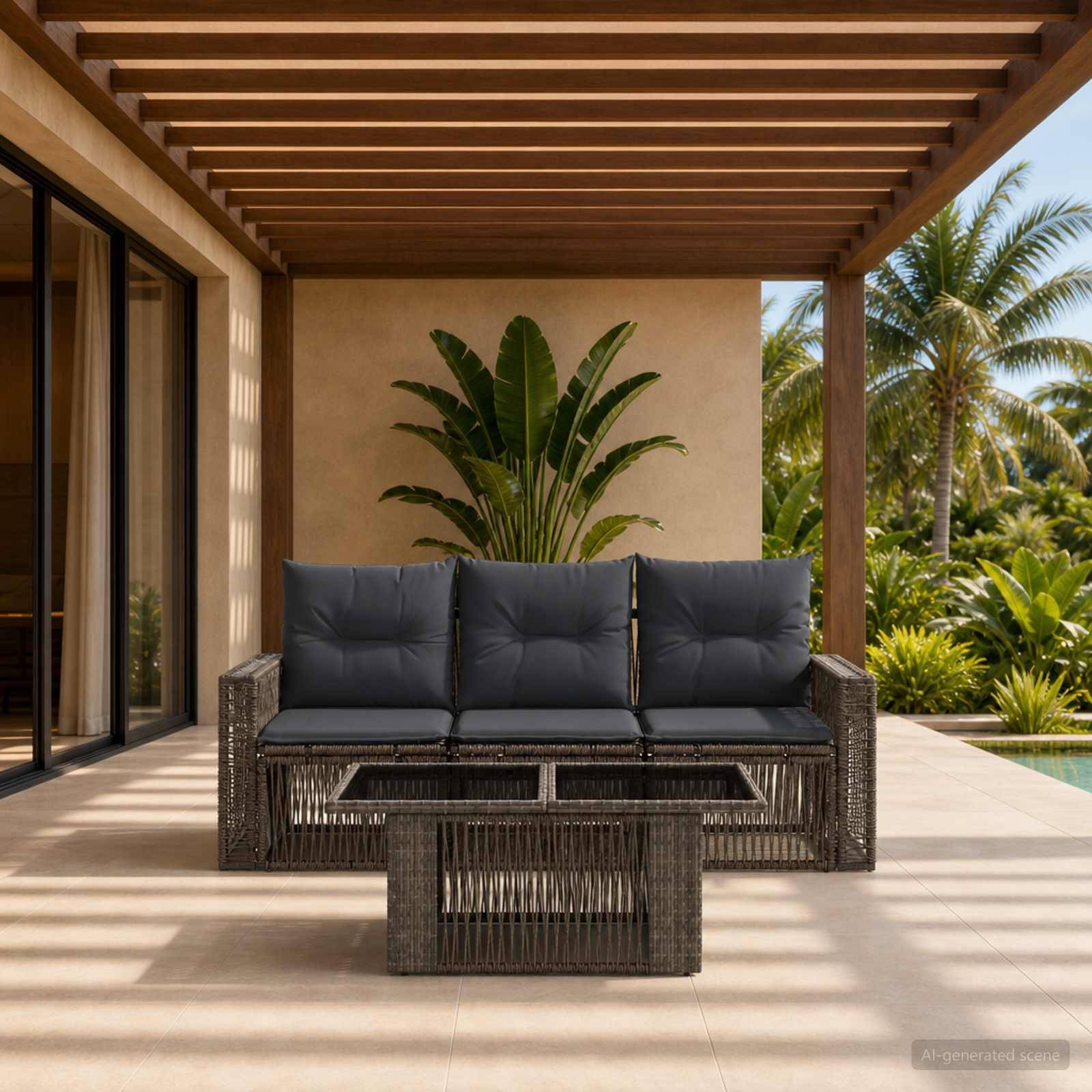 Moderner Außenbereich mit gewebtem Sofa, Couchtisch und getopfter tropischer Pflanze unter einer Lamellenpergola neben einem Pool und Palmen.