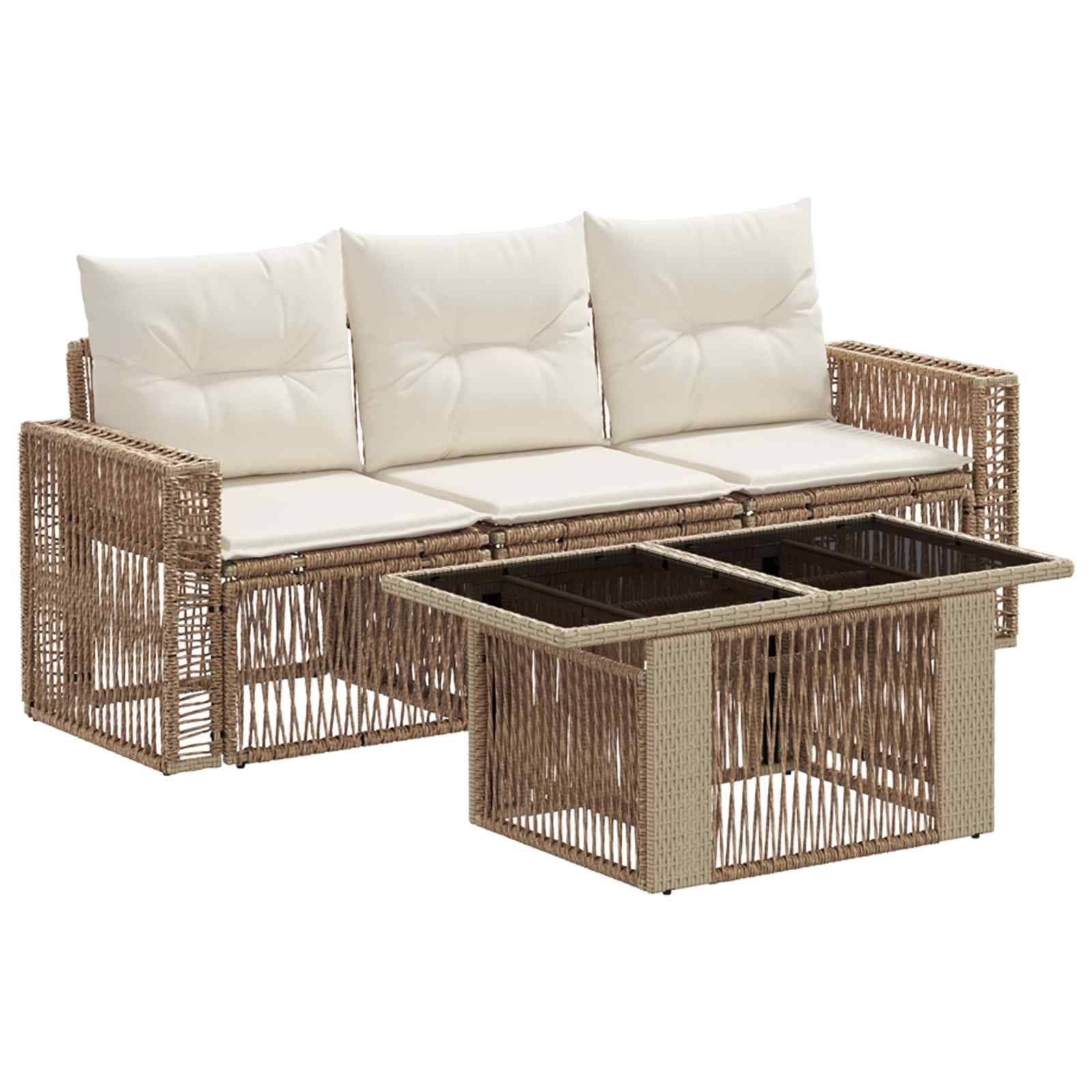 Outdoor-Rattansofa mit weißen Kissen und passendem quadratischen Glastisch auf weißem Hintergrund