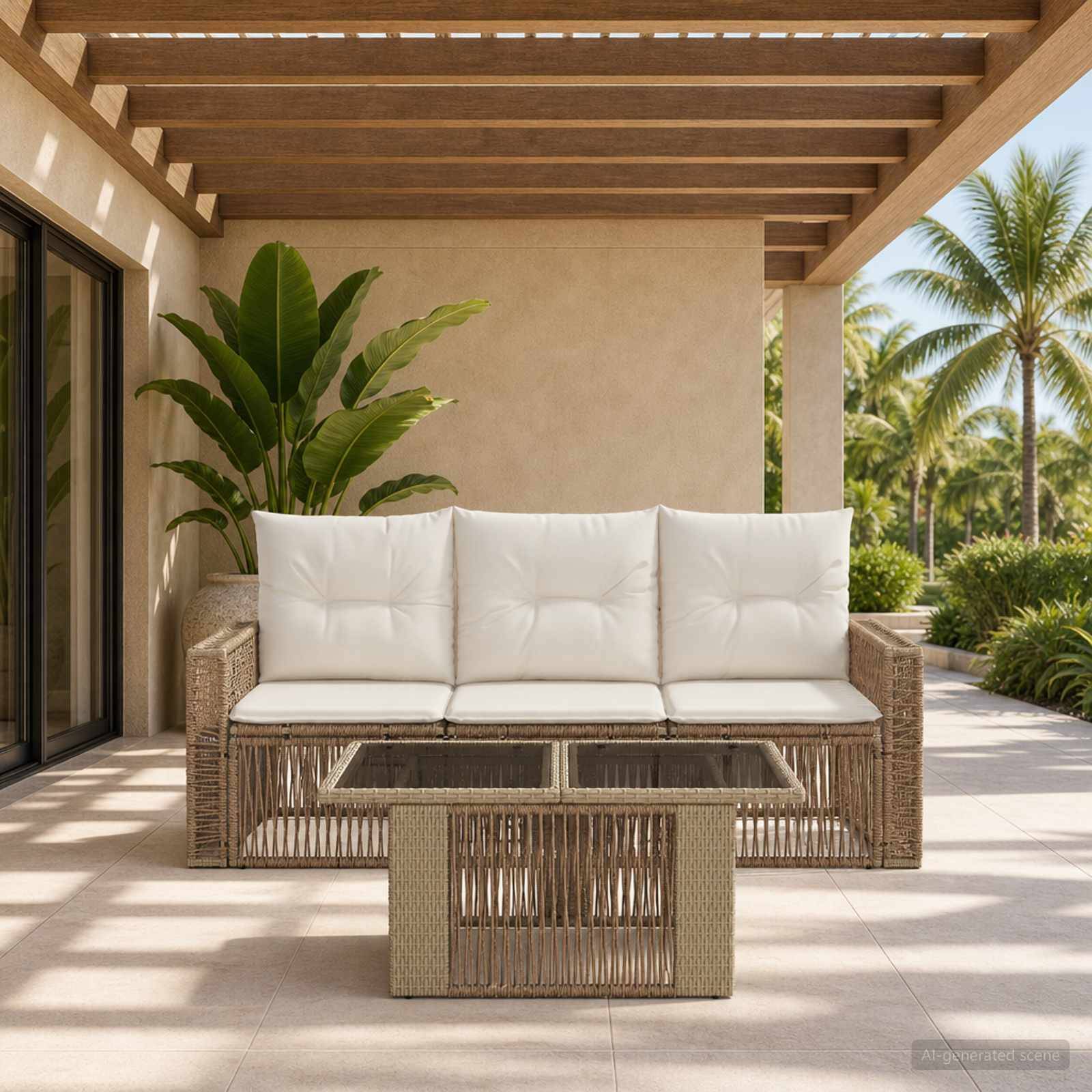 Terrasse im Freien mit Korbsofa, weißen Polstern, Glastisch und tropischer Bepflanzung unter einer Pergola.