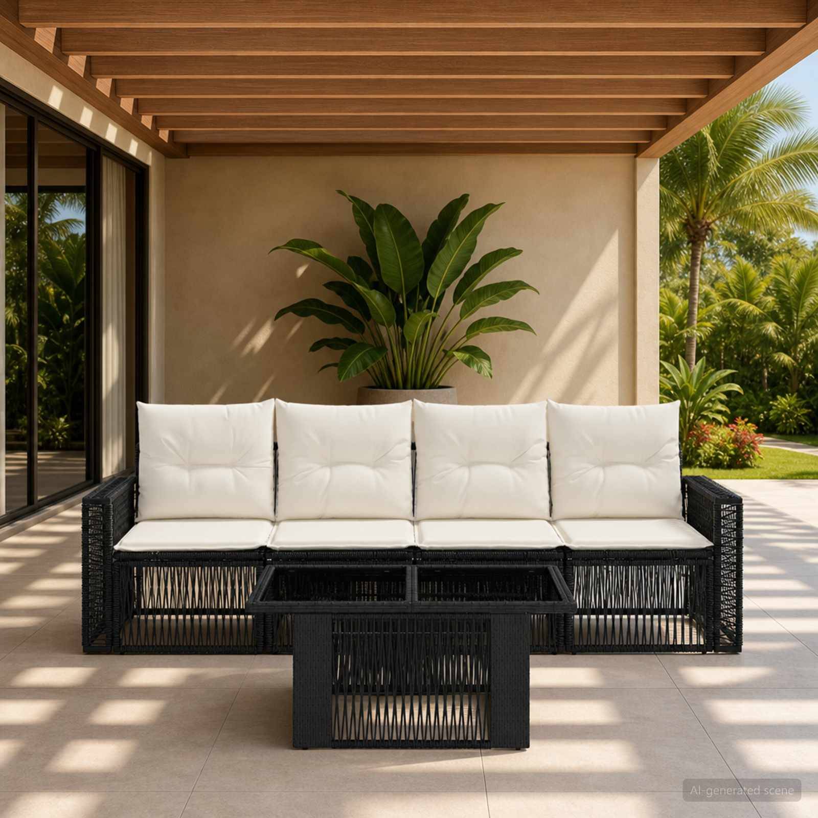 Outdoor-Terrassenbereich mit schwarzem Rattansofa, weißen Kissen, passendem Couchtisch und einer großen Topfpflanze unter einer Pergola aus Holzlatten.
