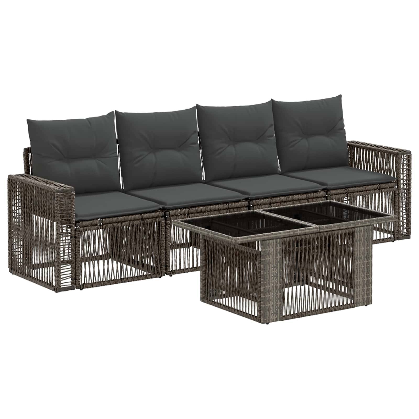 Outdoor-Rattan-Ecksofa mit dunklen Kissen und einem passenden Couchtisch auf weißem Hintergrund.