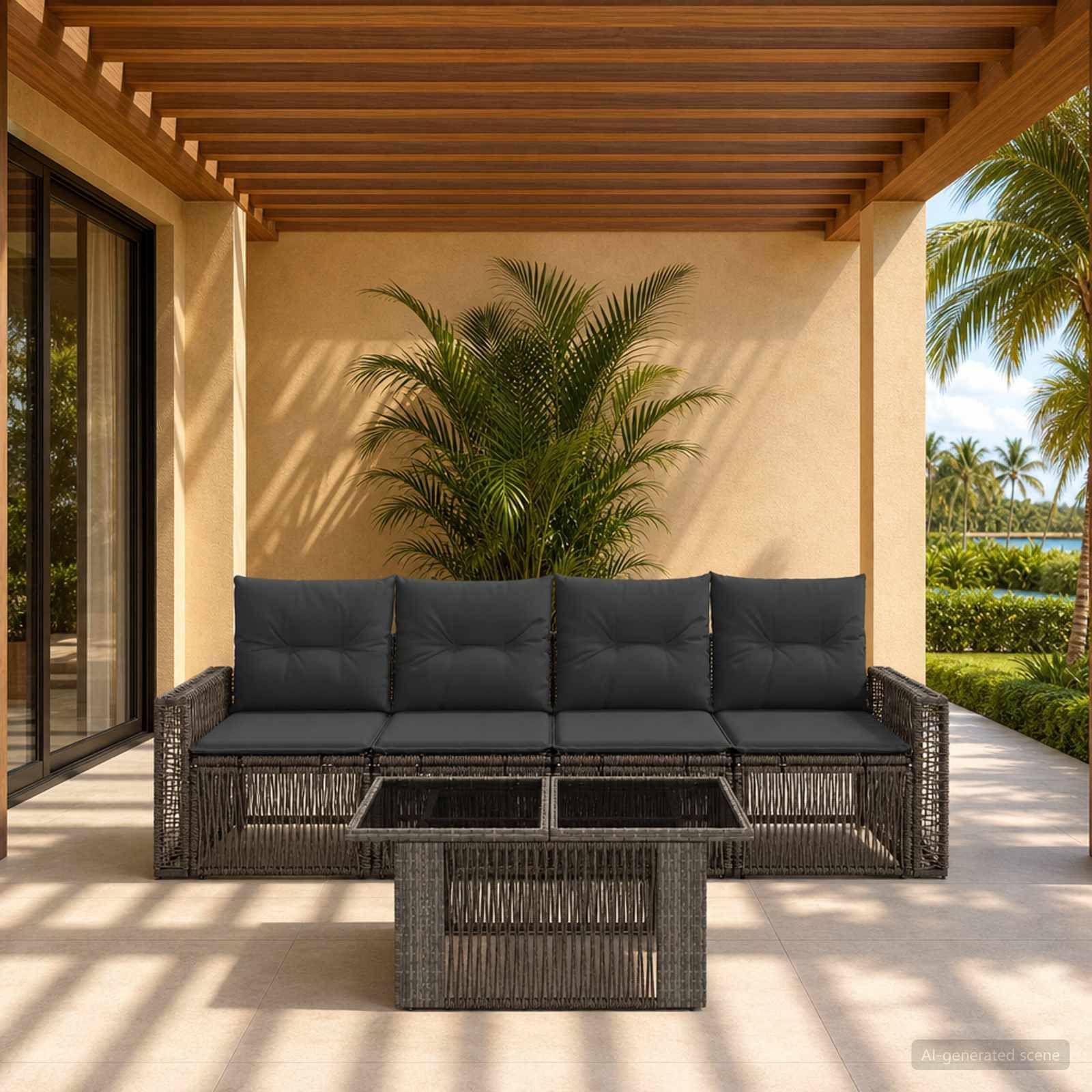 Outdoor-Terrasse mit Korb-Sofa und Couchtisch unter einer Holz-Pergola, umrahmt von tropischen Pflanzen und Meerblick.