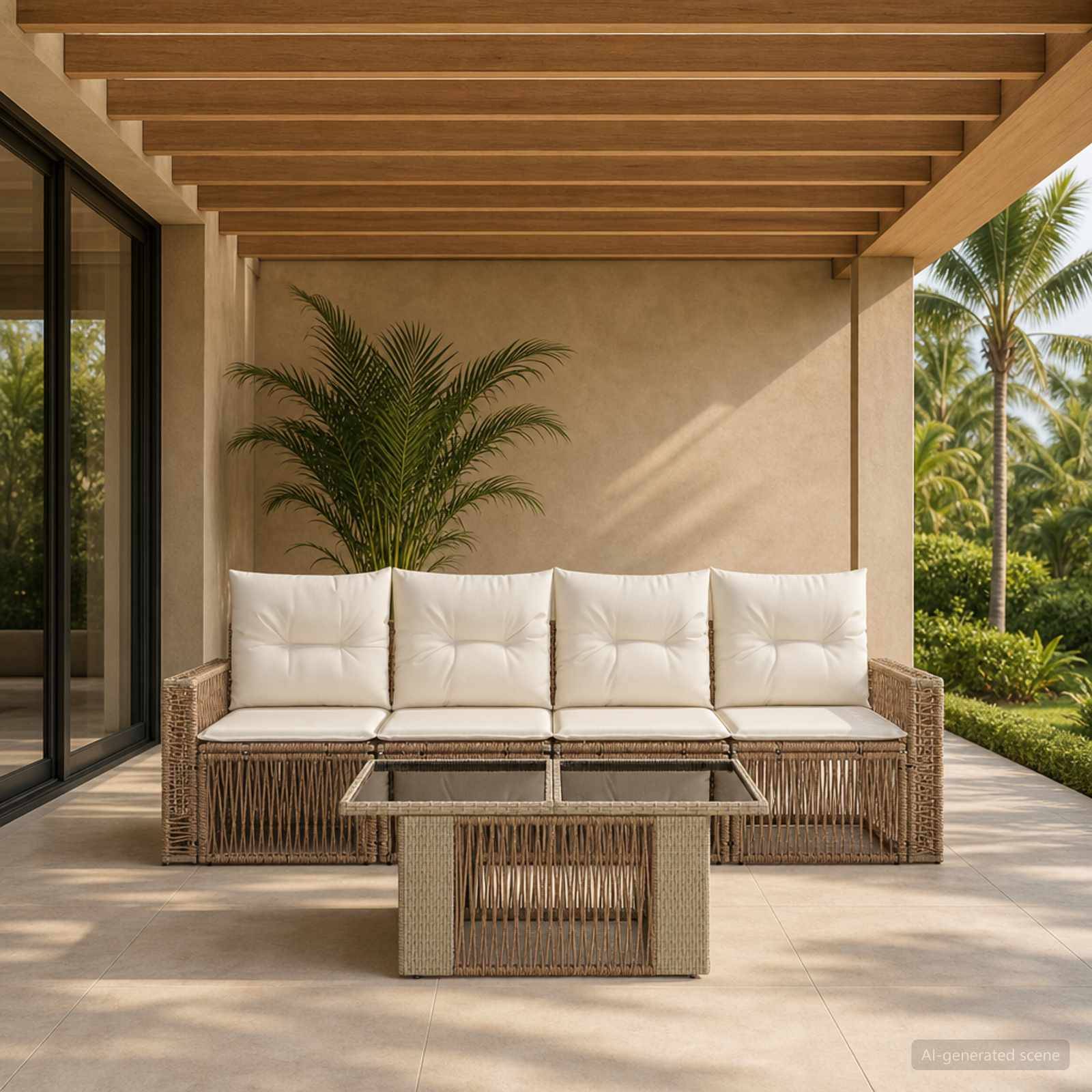 Außenpatio mit geflochtenem Sofa, gepolsterten Sitzplätzen und passendem Couchtisch unter einem Holzbalken-Dach, mit tropischen Pflanzen in der Nähe.