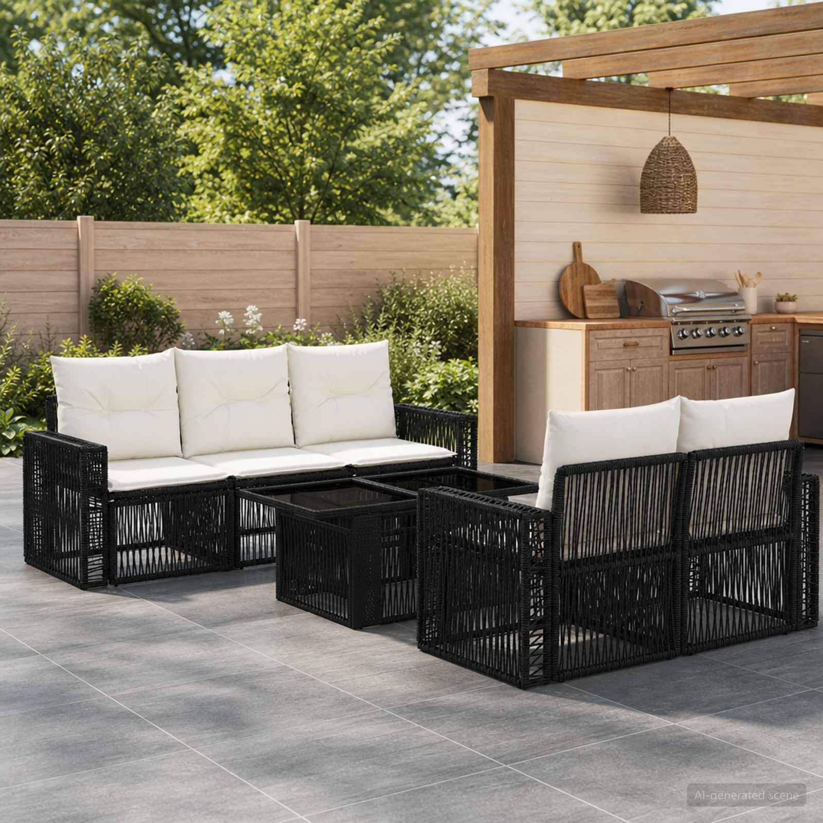 Outdoor-Sitzgruppe auf der Terrasse mit schwarzen Korbsofas, passenden Tischen und weißen Kissen neben einem Außenküchenbereich im Hinterhof.