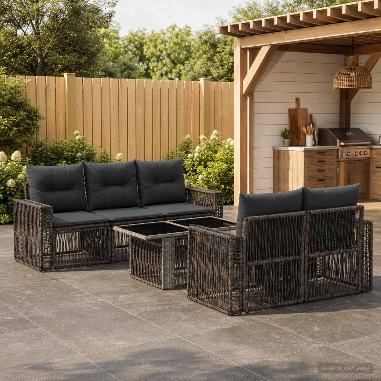 Outdoor-Terrasse mit dunklem Rattanecksofa und Glascouchtisch neben einem überdachten Gartengrill- und Barbereich.