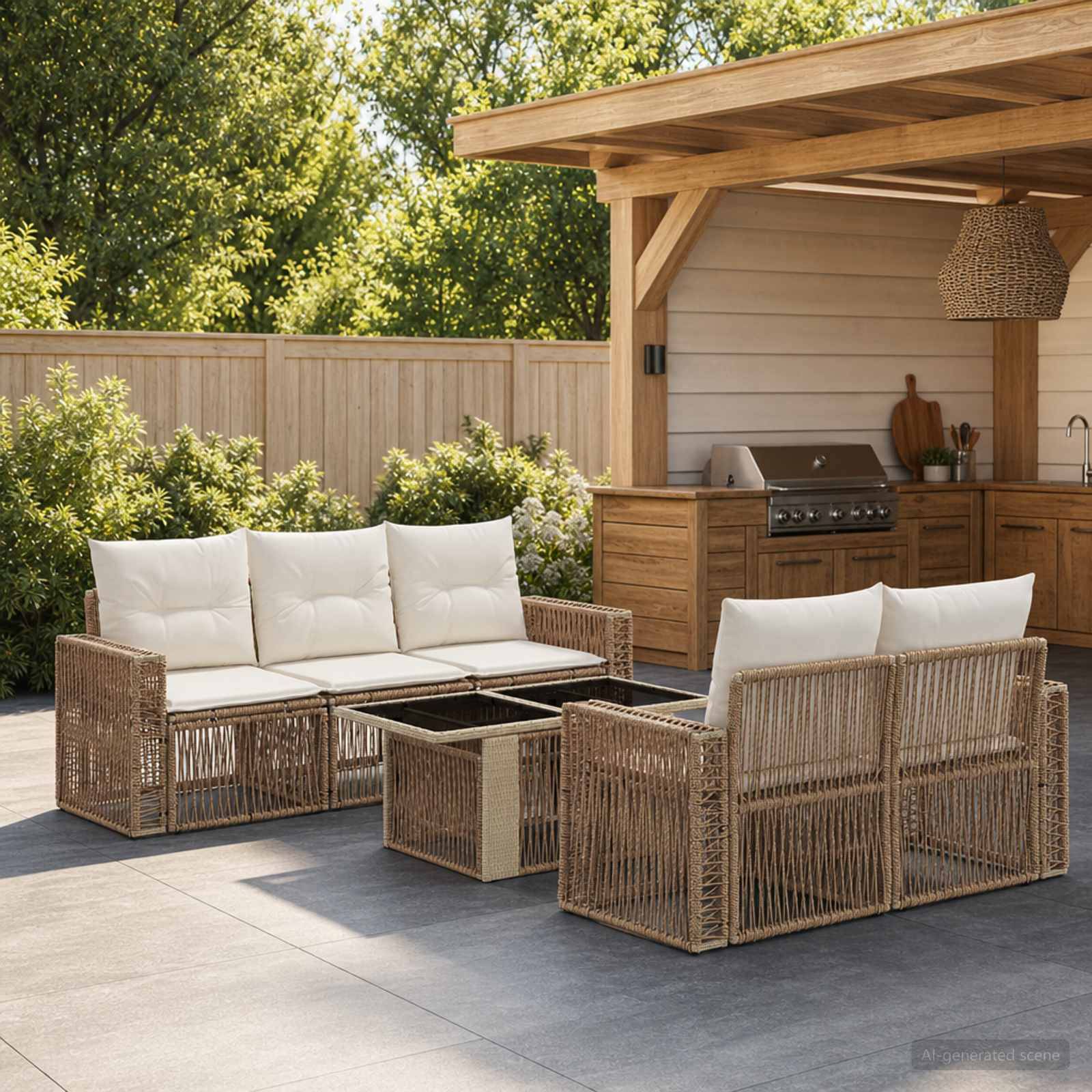 Außenbereich der Terrasse mit zwei Korbsofas, Couchtisch und einem eingebauten Holzgrill-Kiosk neben einem umzäunten Garten.