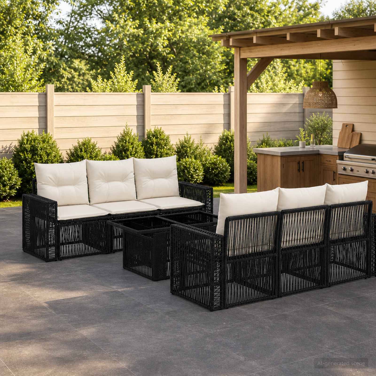 Außenbereich mit Terrassensitzplatz mit zwei schwarzen Korbrattan-Sofas, weißen Kissen und einem passenden Couchtisch neben einer überdachten Grillbar und einem Sichtschutz-Zaun.