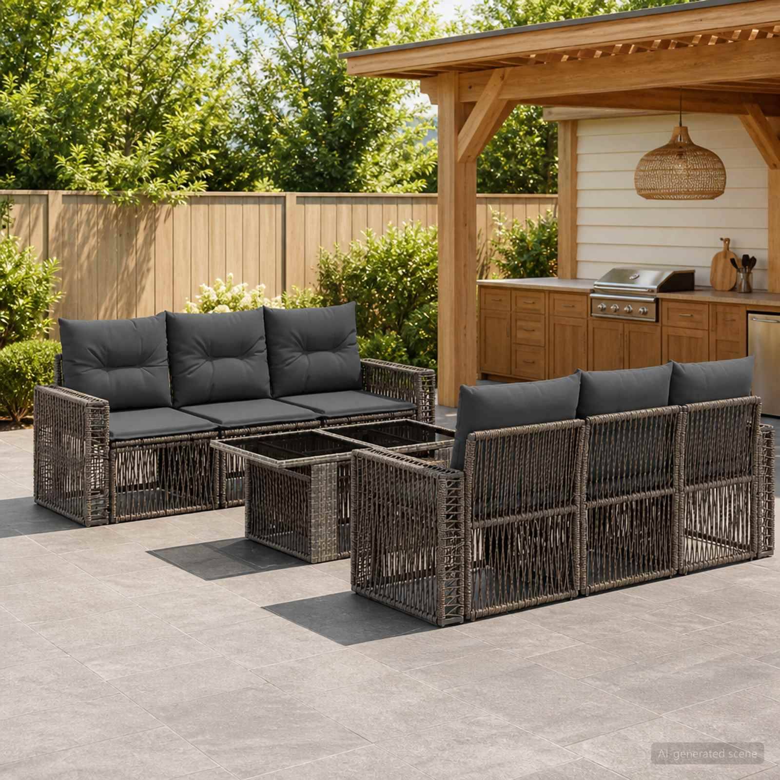 Außenpatio mit zwei Rattanecksofa-Garnituren und Glastische neben einem überdachten Barbereich und Holzzaun.