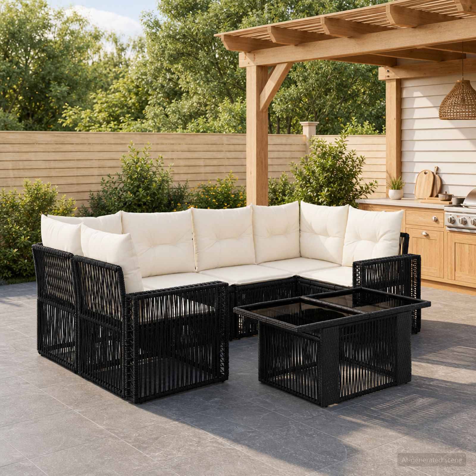 Outdoor-Terrassenbereich mit schwarzem Rattansektionalsofa, cremefarbenen Kissen und passenden Glastische neben einer Pergola neben einer Außenküche.