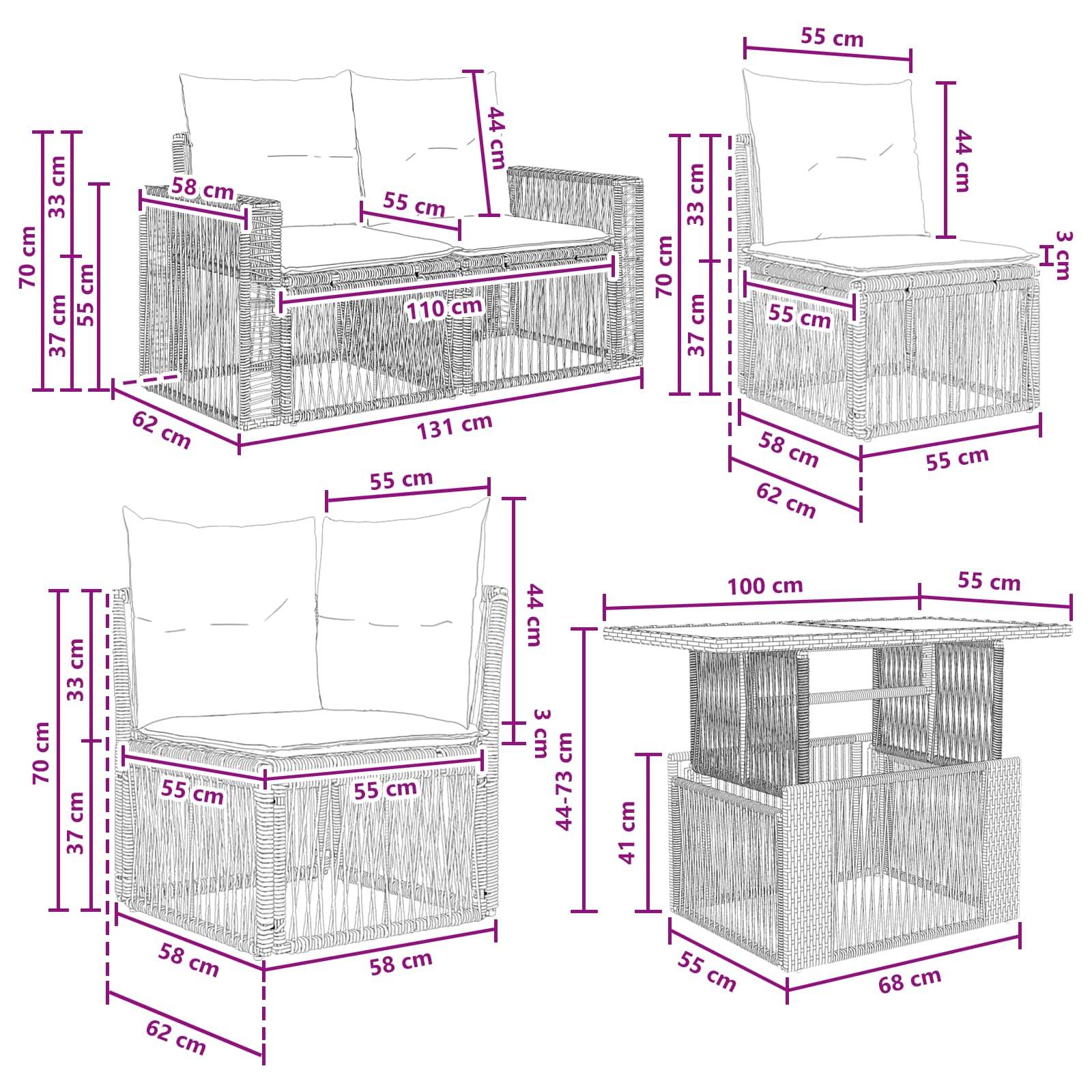 Dimensioniertes Diagramm von Korbmöbeln für die Terrasse: Liegestuhl, Stuhl, Eckplatz und Tisch/Hocker, mit Maßen in cm für Breite, Tiefe und Höhe.