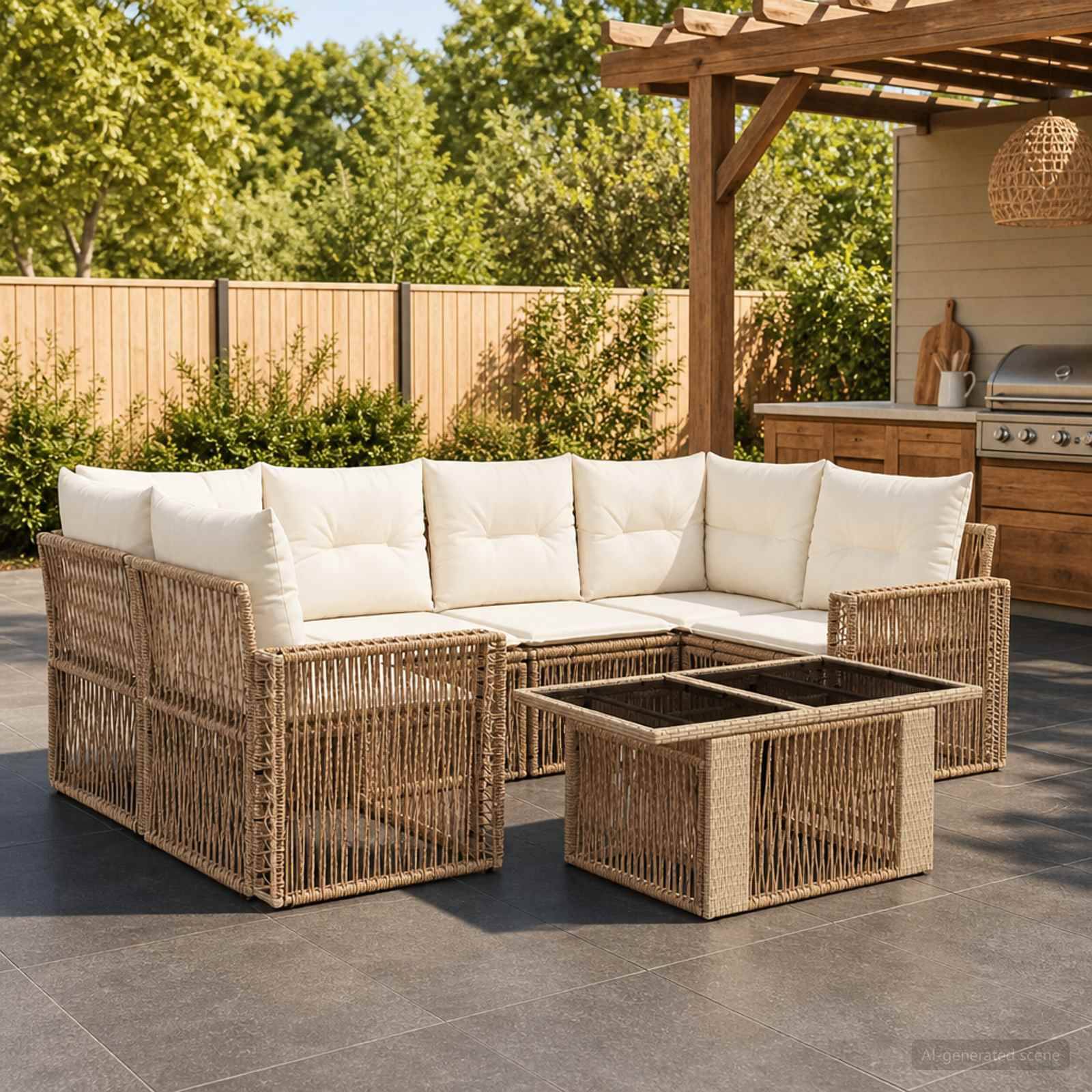 Gartenplatz-Sitzmöbel-Set mit geflochtenem Rattan-Ecksofa, weißen Kissen und passenden Couchtischen neben einem Hinterhof-Grill unter einer Pergola.