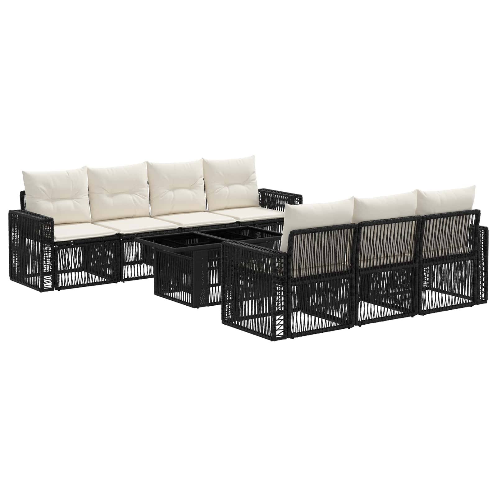 Schwarzes Rattan-Außenbereichs-Sofa-Set mit cremeweißen Kissen und einem zentralen Couchtisch auf weißem Hintergrund.