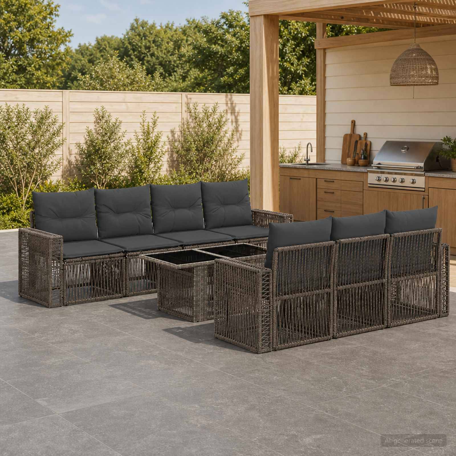 Gartenmöbel-Set für die Terrasse mit dunklen Rattangarnituren um einen Couchtisch mit Glasplatte neben einem überdachten Grill- und Barbereich.