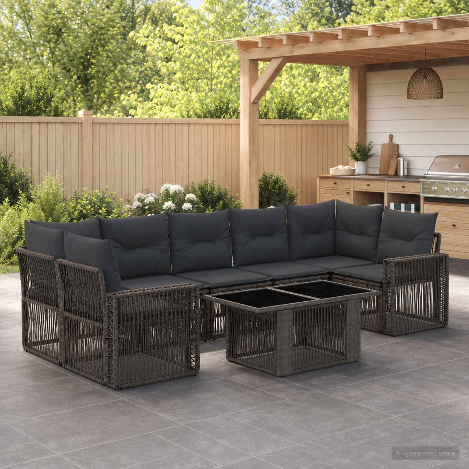 Outdoor-Terrasse mit einem dunklen Rattan-L-förmigen Lounge-Sofa, passendem Couchtisch und einer Pergola-überdachten Küchenzeile im Hintergrund.