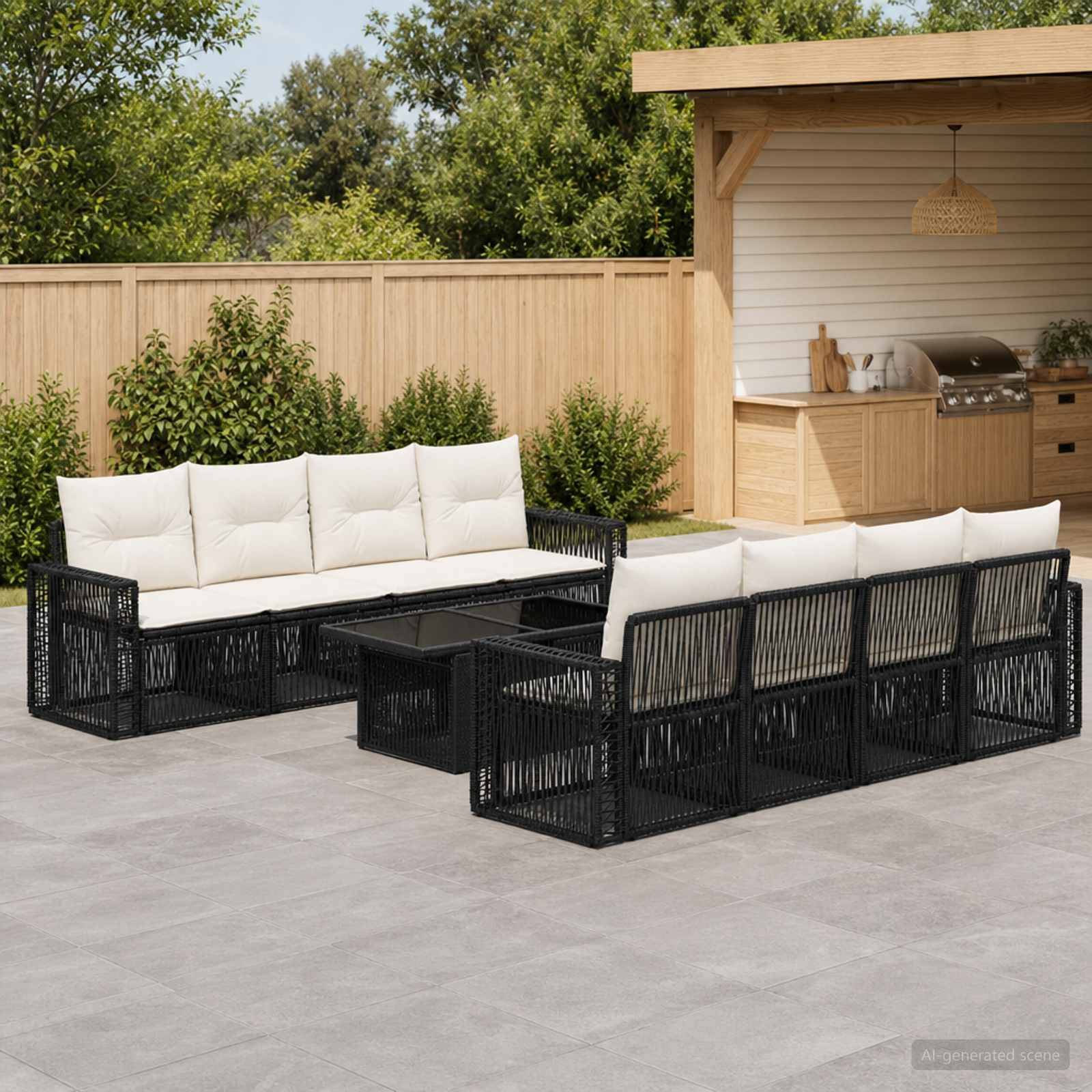Outdoor-Terrassenmöbel mit zwei schwarzen geflochtenen Sofas, weißen Kissen und einem passenden Couchtisch neben einem Gartenküchenpavillons.