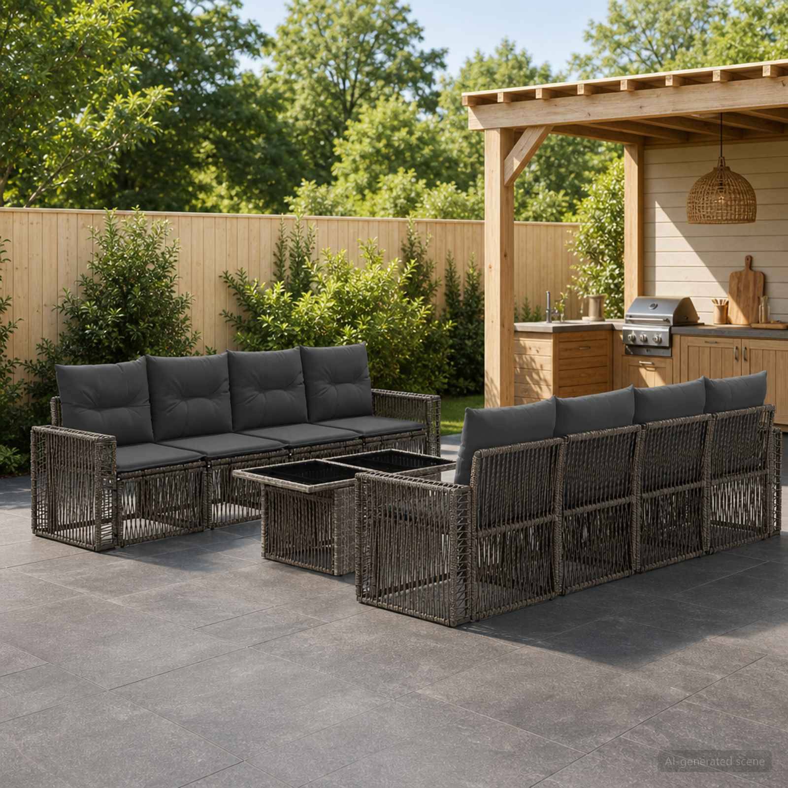 Außenbereich mit zwei dunklen Rattansektionalcouchgarnituren und einem Glastisch neben einer Holzpergola und einem eingebauten Grill, angelegt auf einem gepflasterten Hof mit Holzzaun und Bäumen.