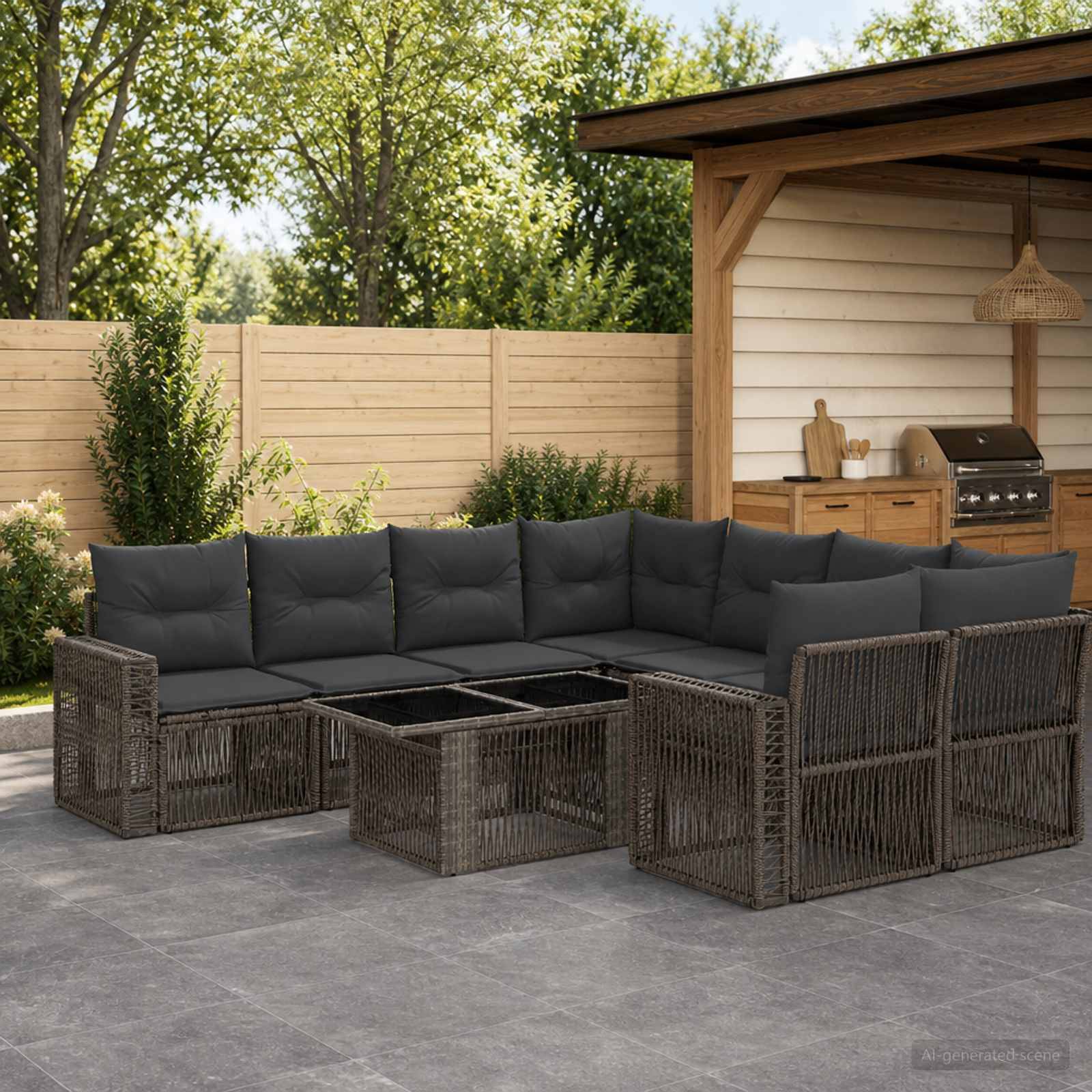 Außensitzbereich mit großem dunklem Rattan-Ecksofa, passendem Couchtisch und pergola-überdachtem Grillbereich neben einem Holzzaun und Bäumen.